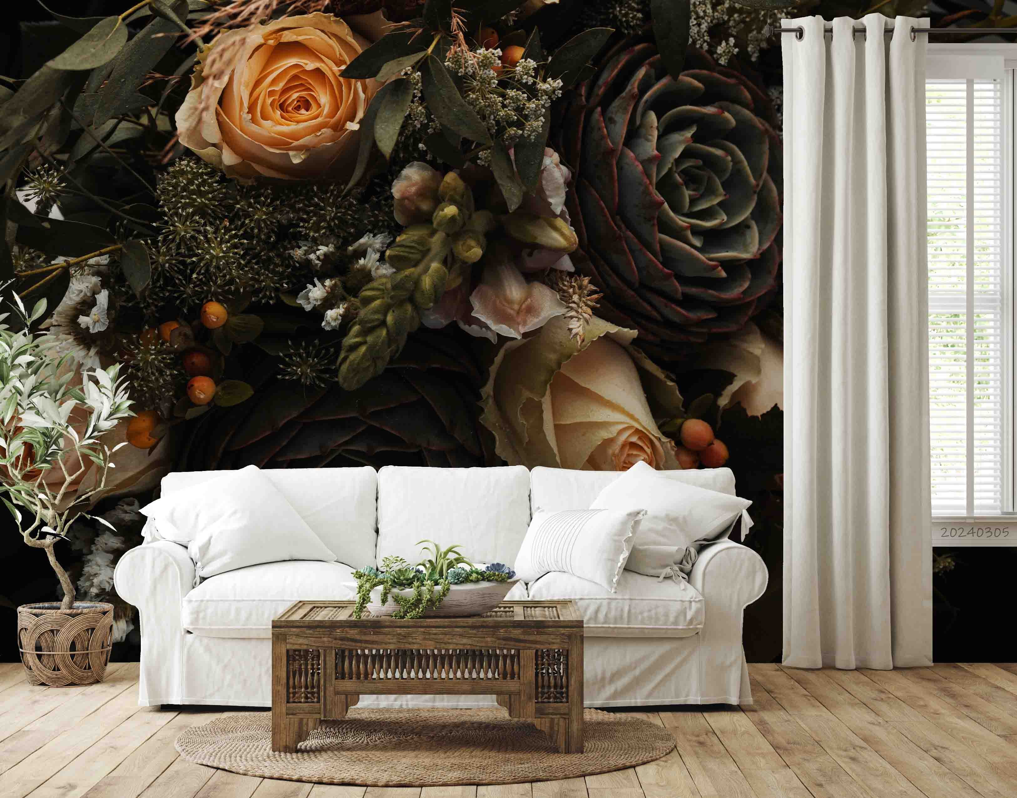 3D Rose Floral Bouquet Dark Background Wallpaper Wall Mural Wall Decor Wall Art Wall Sticker Remoable Wallpaper
