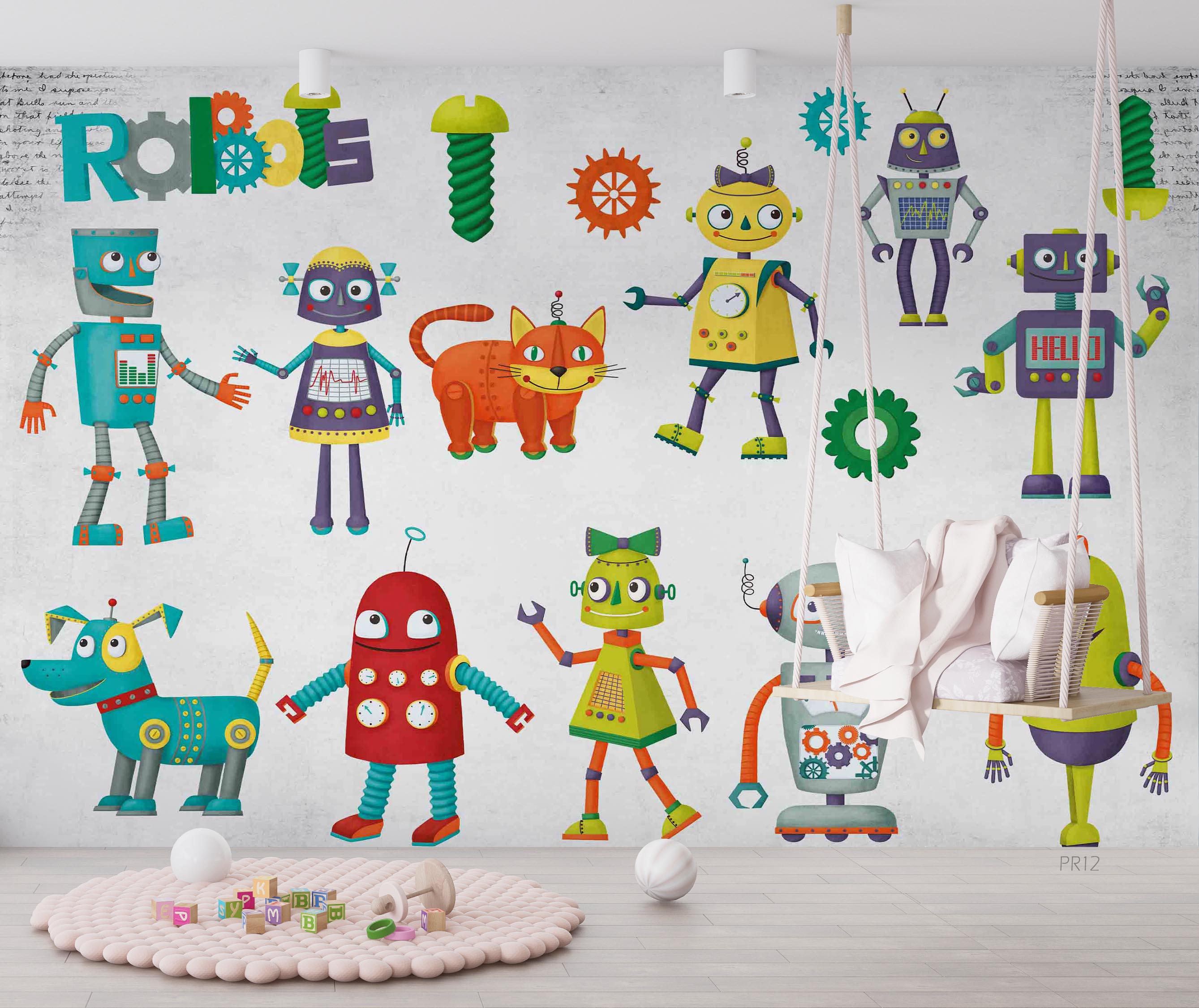 3D Robot Friends colourful robot character pattern wall mural wallpaper for kids room