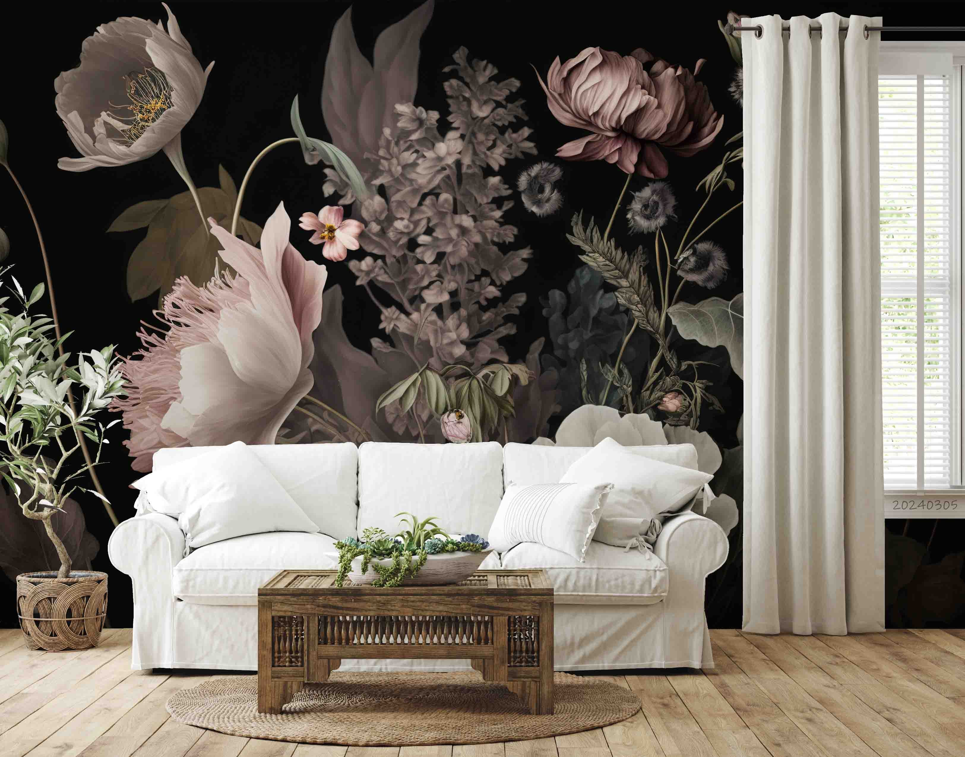 3D Pink Floral Leaves Bouquet Dark Background Wallpaper Wall Mural Wall Decor Wall Art Wall Sticker Remoable Wallpaper
