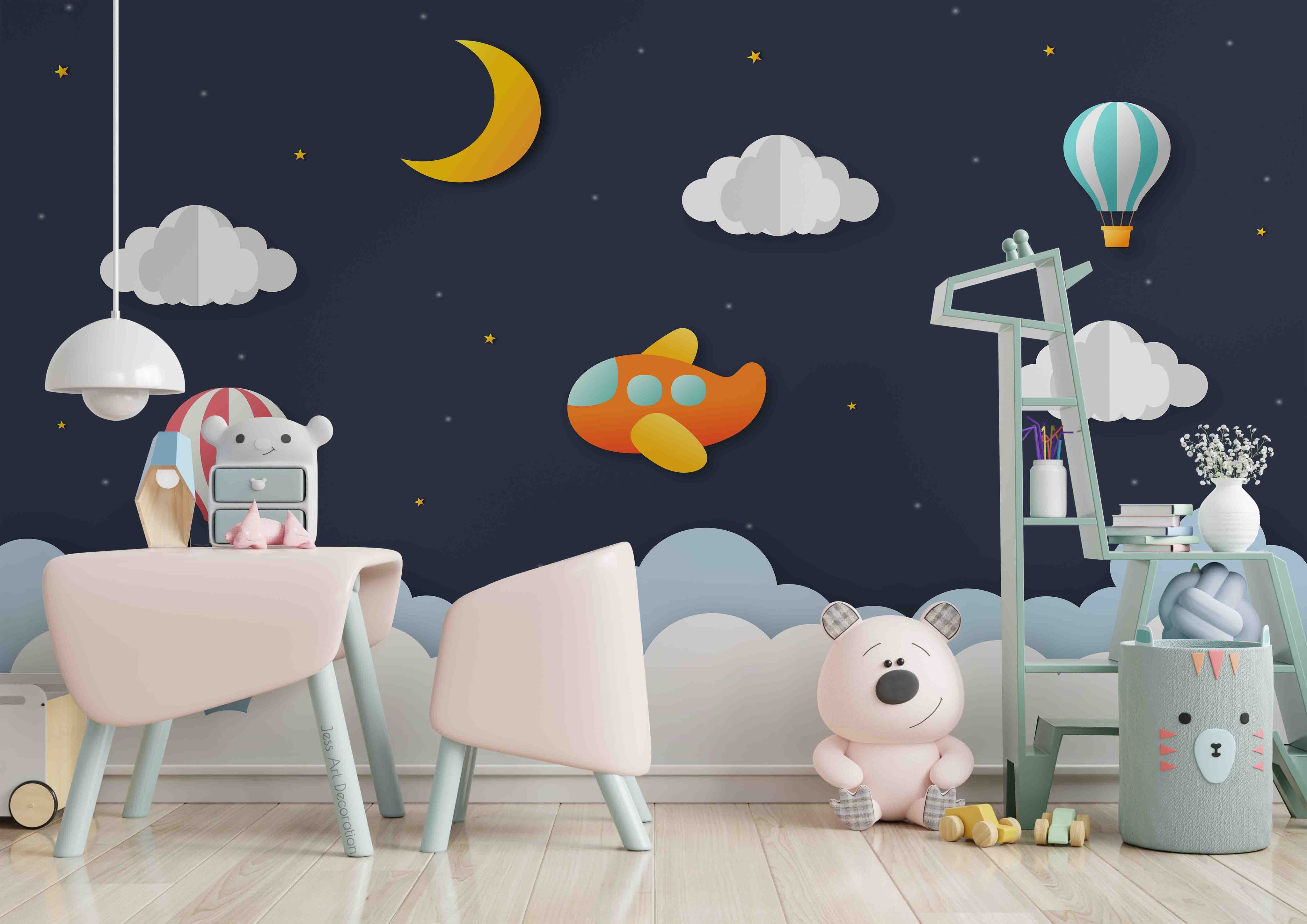 3D Moon Airplane Clouds paper airplane moon cloud scene wall mural wallpaper for nursery - view 2