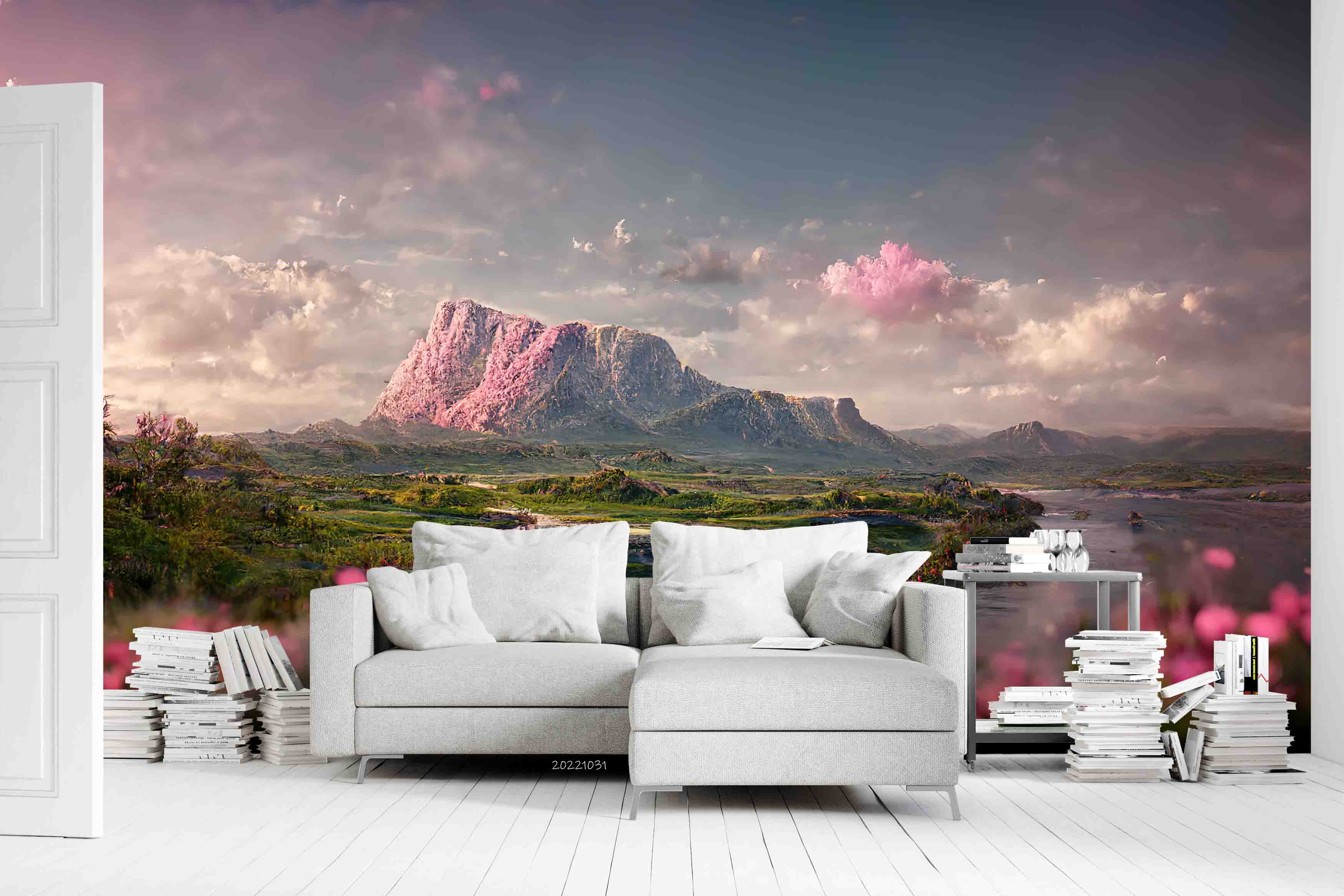 3D Morning Sea Mountain Rock Green Grass Flower Pink Sky Wall Mural Wallpaper GD 3098- Jess Art Decoration