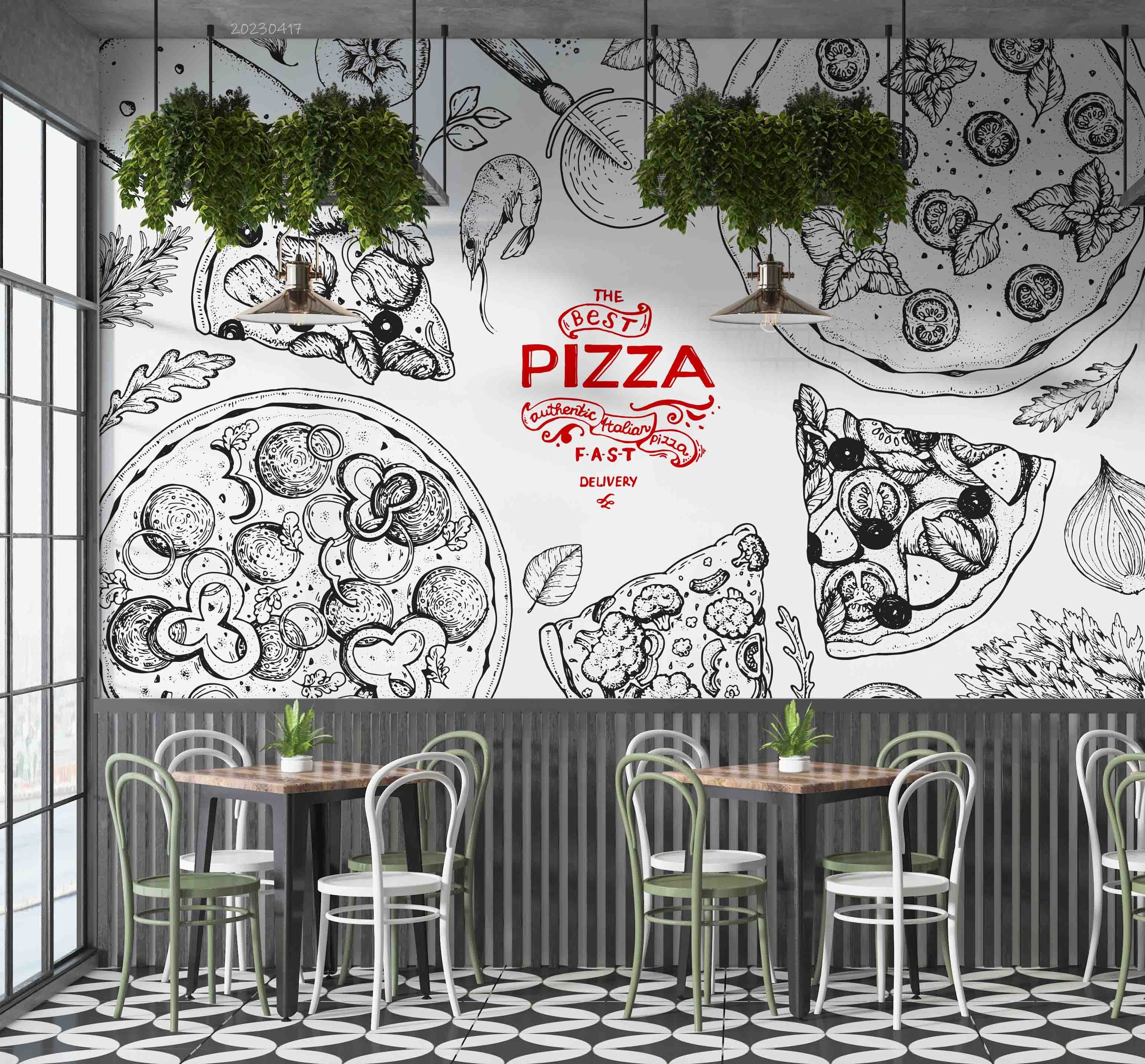 3D Italian Pizza Ingredients Top View Frame Engraving Style Wall Mural Wallpaper GD 5549- Jess Art Decoration