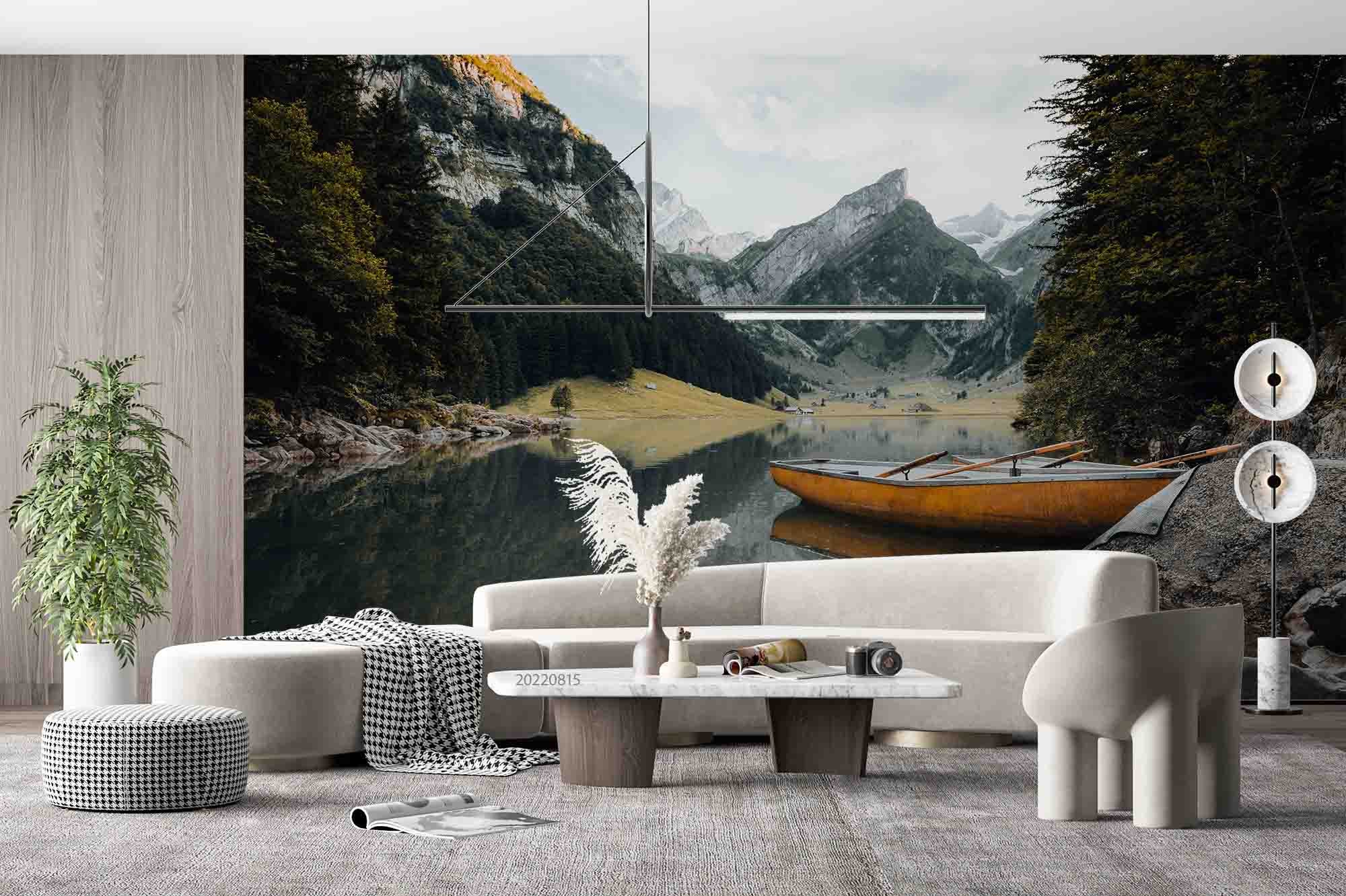 3D Mountain River Trees Boat Landscape Wall Mural Wallpaper GD 2939- Jess Art Decoration