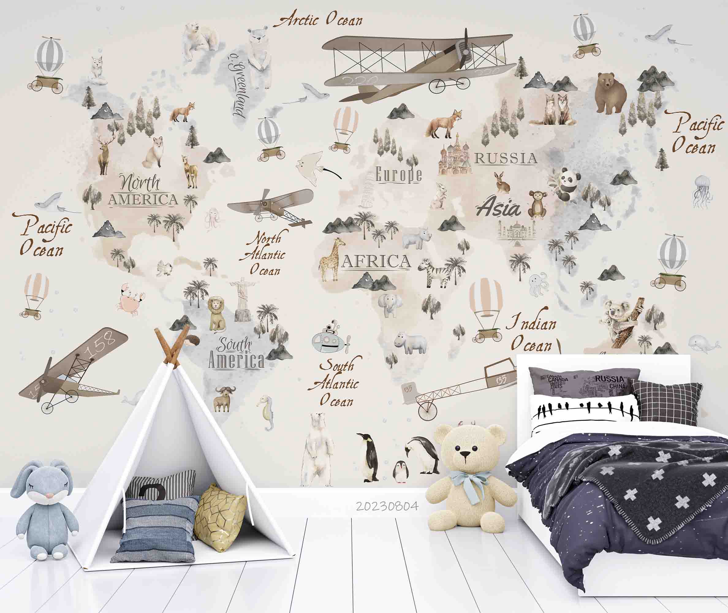 3D Animal World Aircraft Hydrogen Balloon Penuins Wall Mural Wallpaper YXL 2530