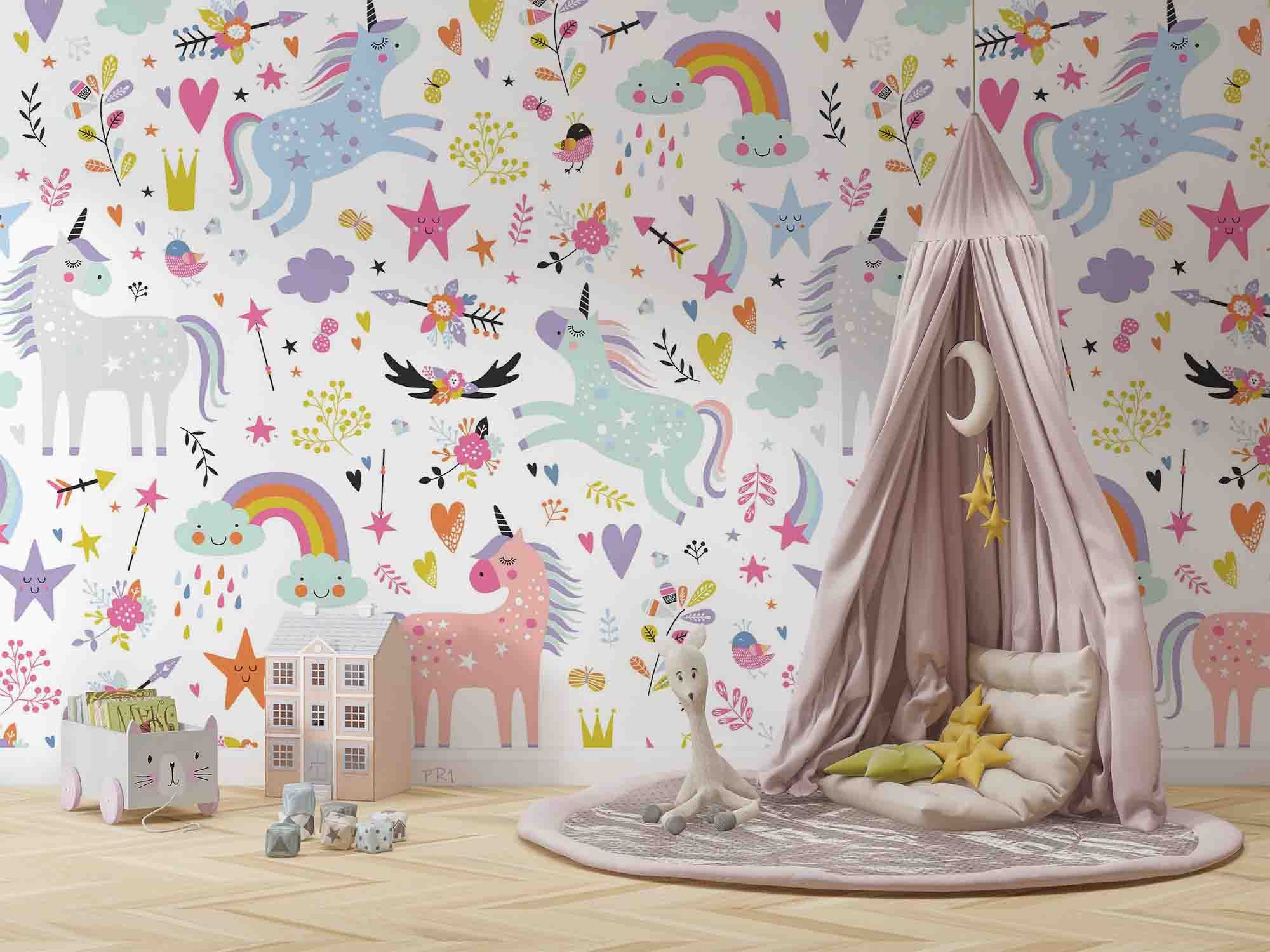3D Unicorn Rainbow  Star Leaf Love Wall Mural Wallpaper YXL 2692