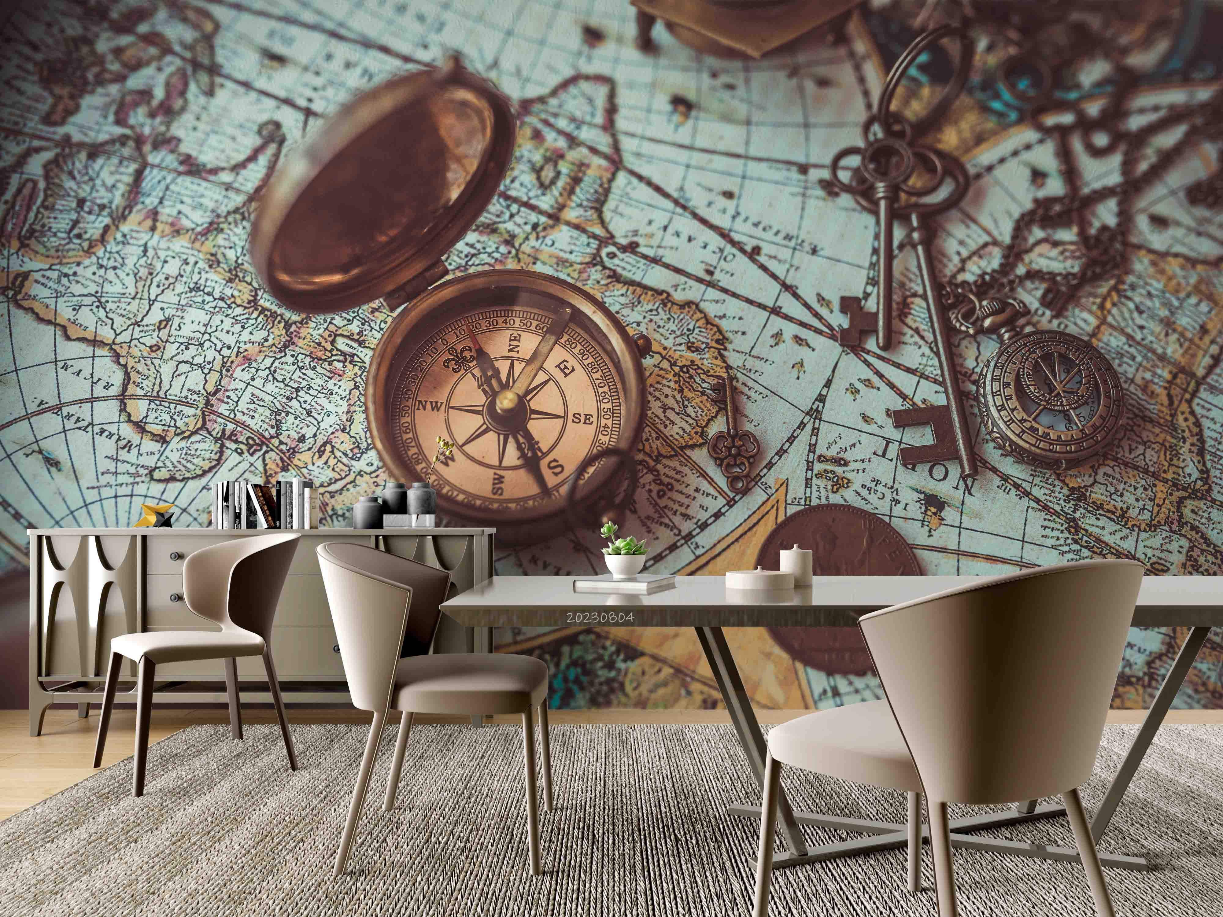 3D World Map Compass Key Wall Mural Wallpaper YXL 2482