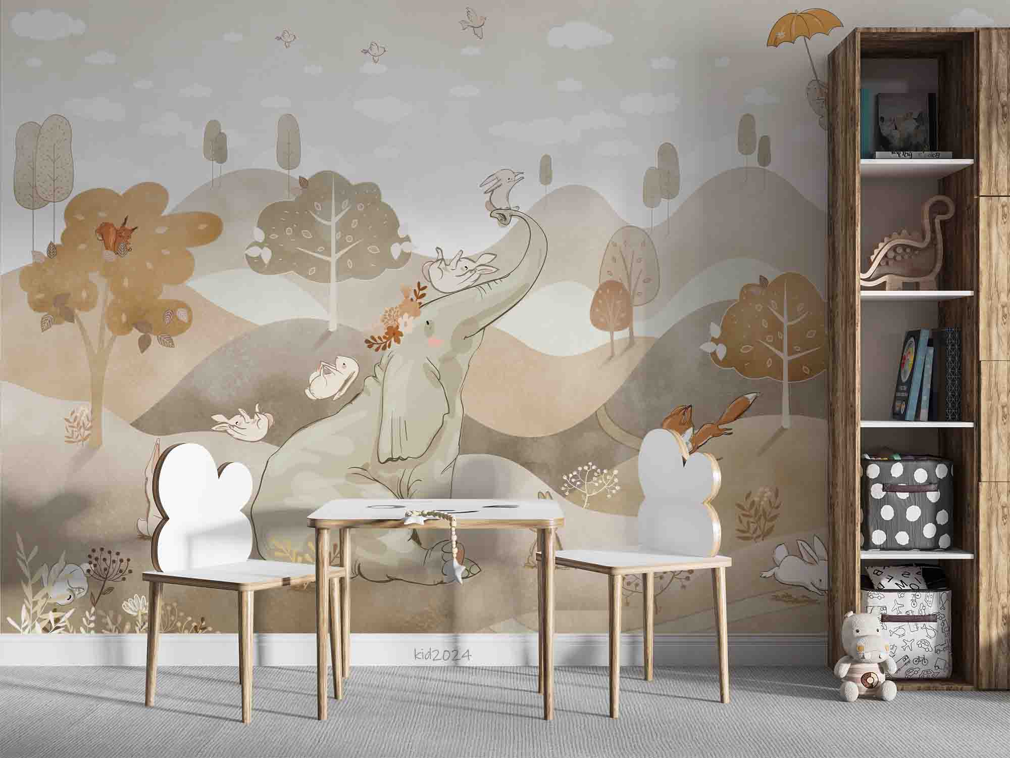3D Tree Elephant Rabbit Fox Mountain Cloud Wall Mural Wallpaper YXL 380