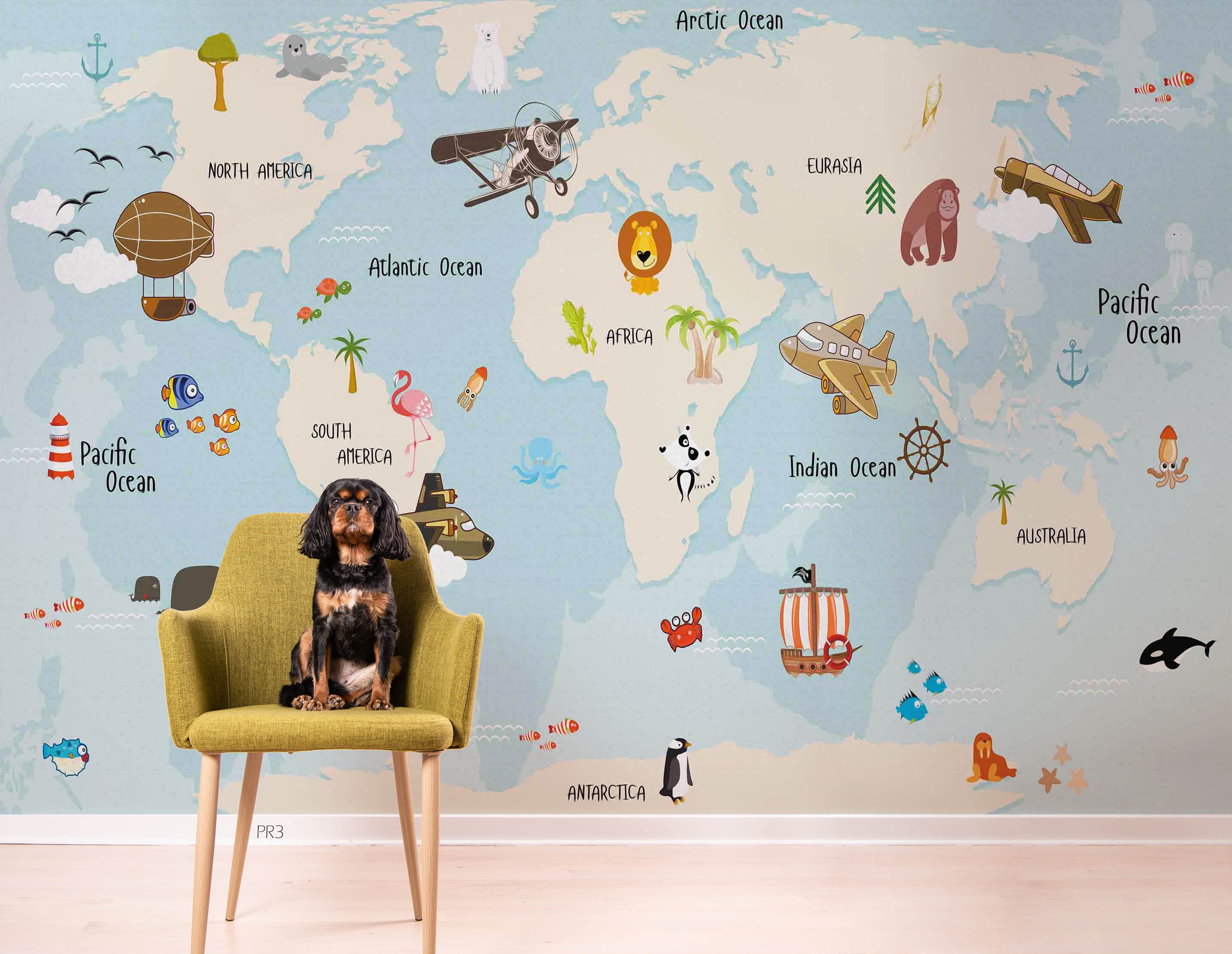 3D Cartoon World Map Animal Vehicle Wall Mural Wallpaper GD 3809- Jess Art Decoration