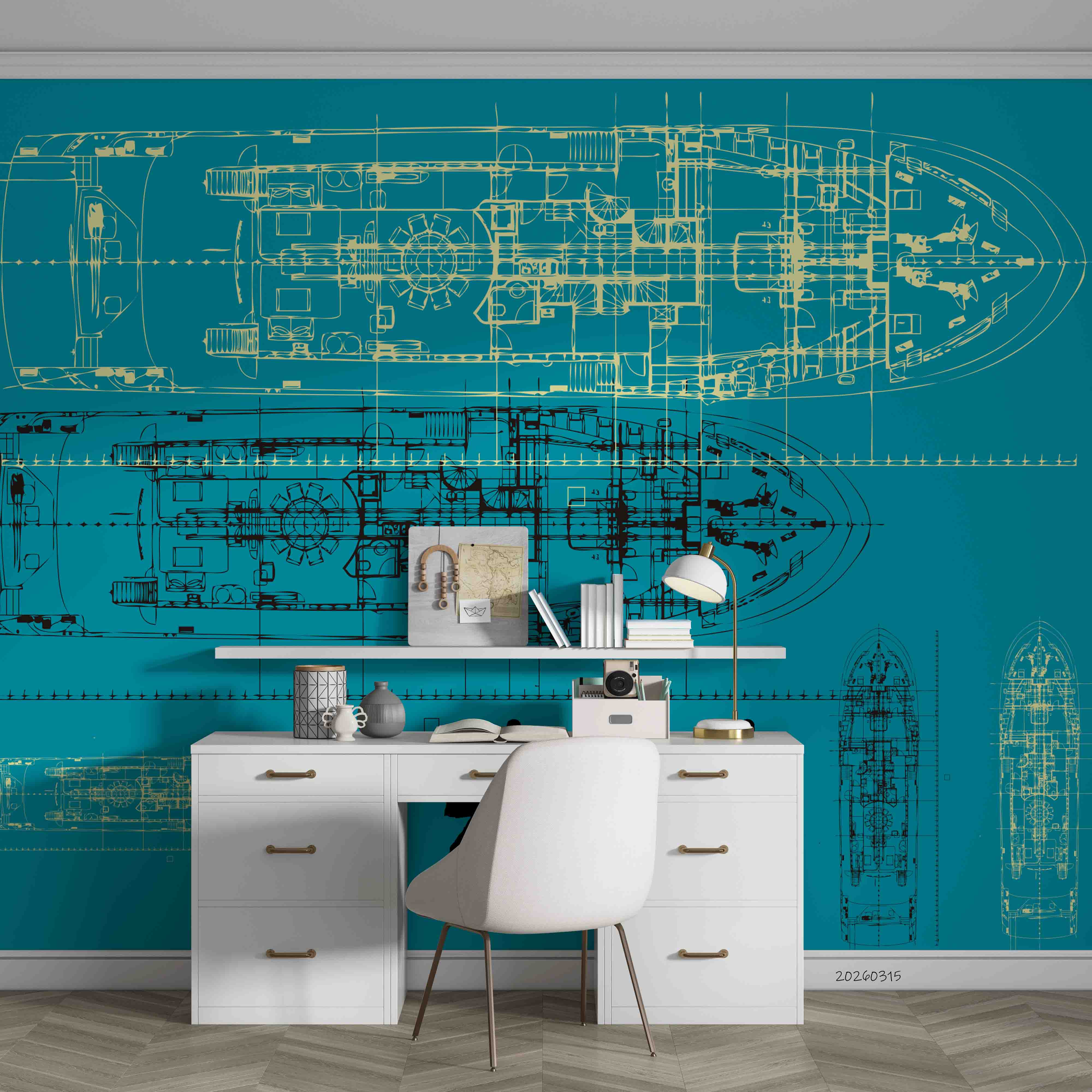 3D Retro Ship Submarine Engineering Blueprint Style Steampunk Wallpaper Wall Mural Wall Decor Wall Art Wall Sticker Remoable Wallpaper