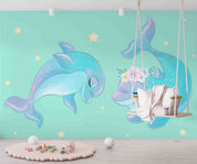 3D Cartoon Cute Dolphin Floral Star Wall Mural Wallpaper GD 4898- Jess Art Decoration