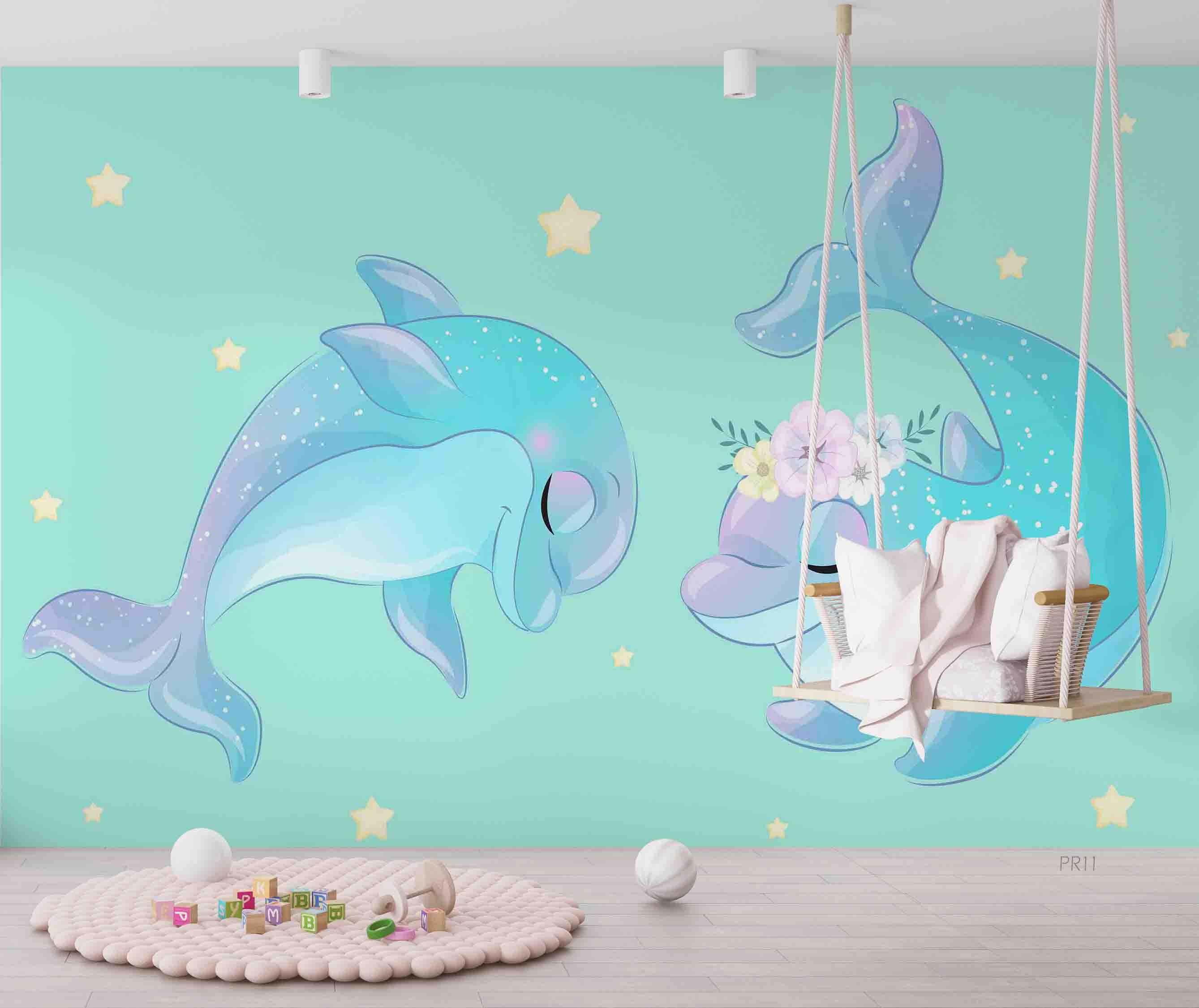 3D Cartoon Cute Dolphin Floral Star Wall Mural Wallpaper GD 4898- Jess Art Decoration