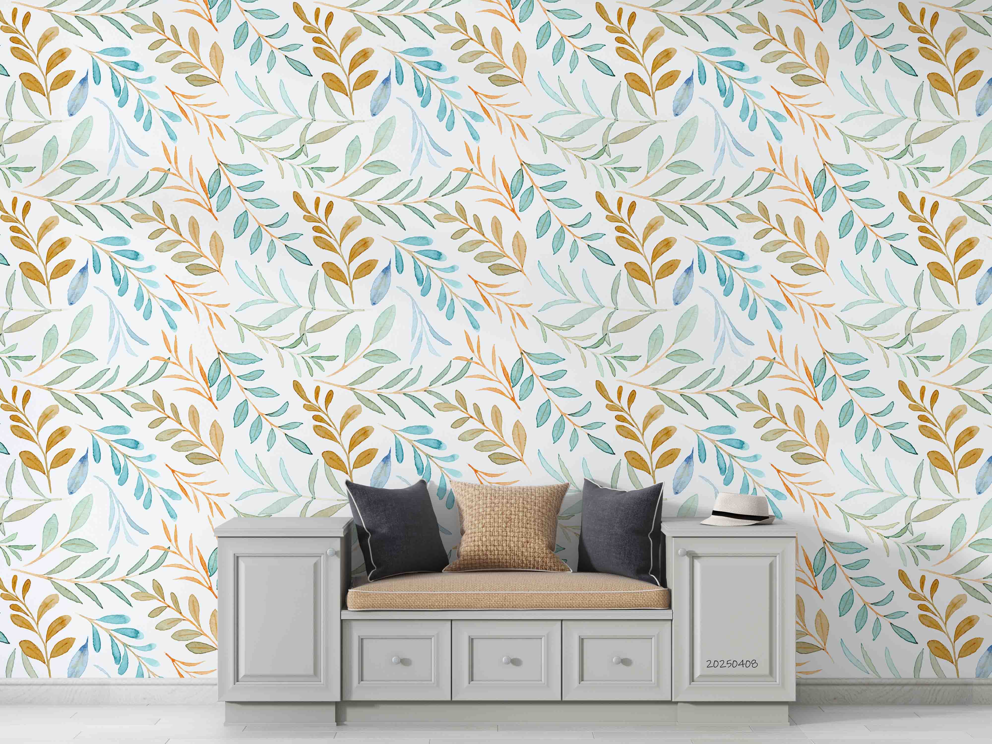 3D Watercolor Blue Brown Leaf Pattern Wallpaper Wall Mural Wall Decor Wall Art Wall Sticker Remoable Wallpaper