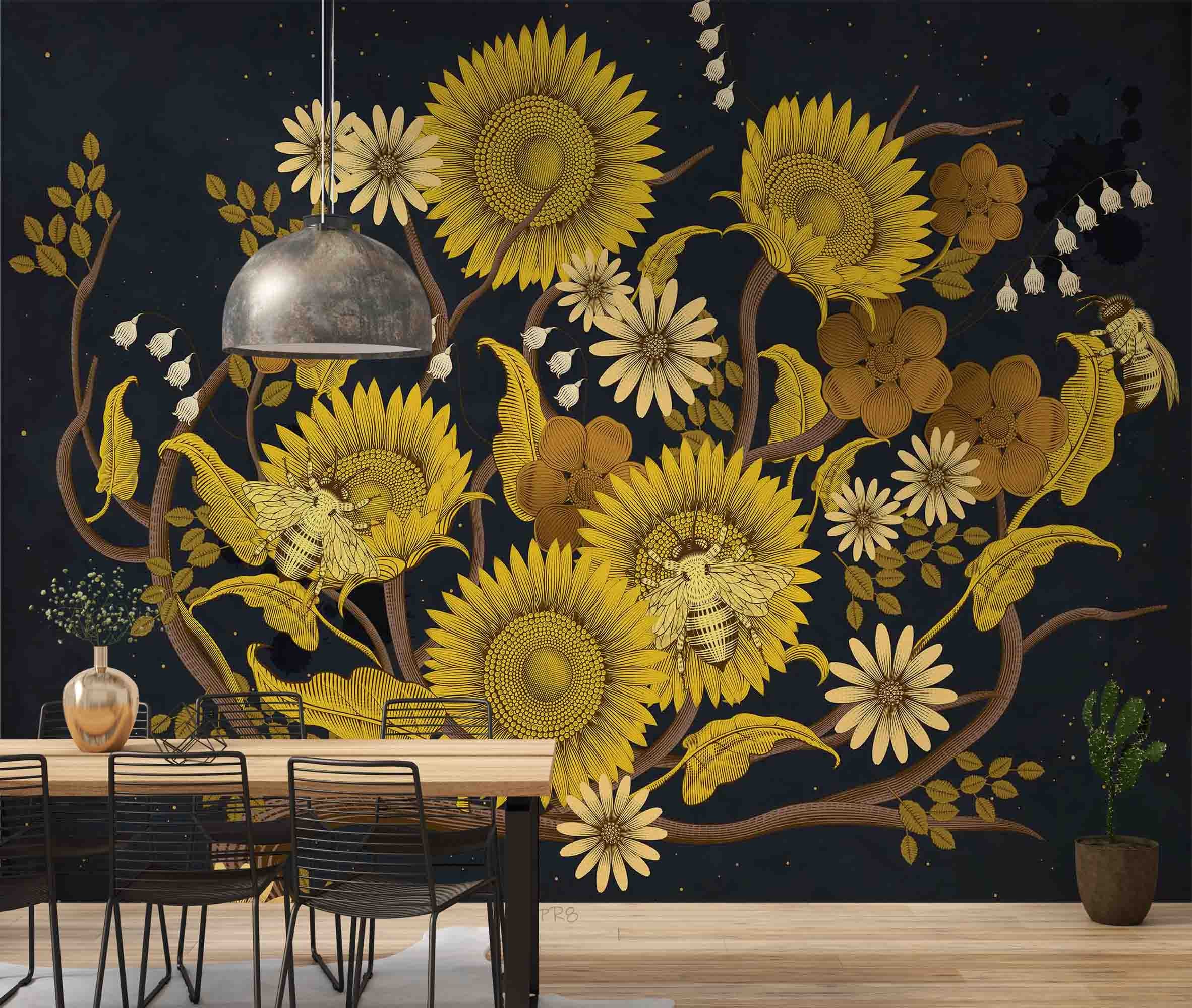 3D Vintage Yellow Floral Black Background Wall Mural Wallpaper GD 4541- Jess Art Decoration