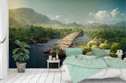 3D Landscape Forest Pond Wooden Bridge Mountains Sky Clouds Wall Mural Wallpaper GD 3071- Jess Art Decoration