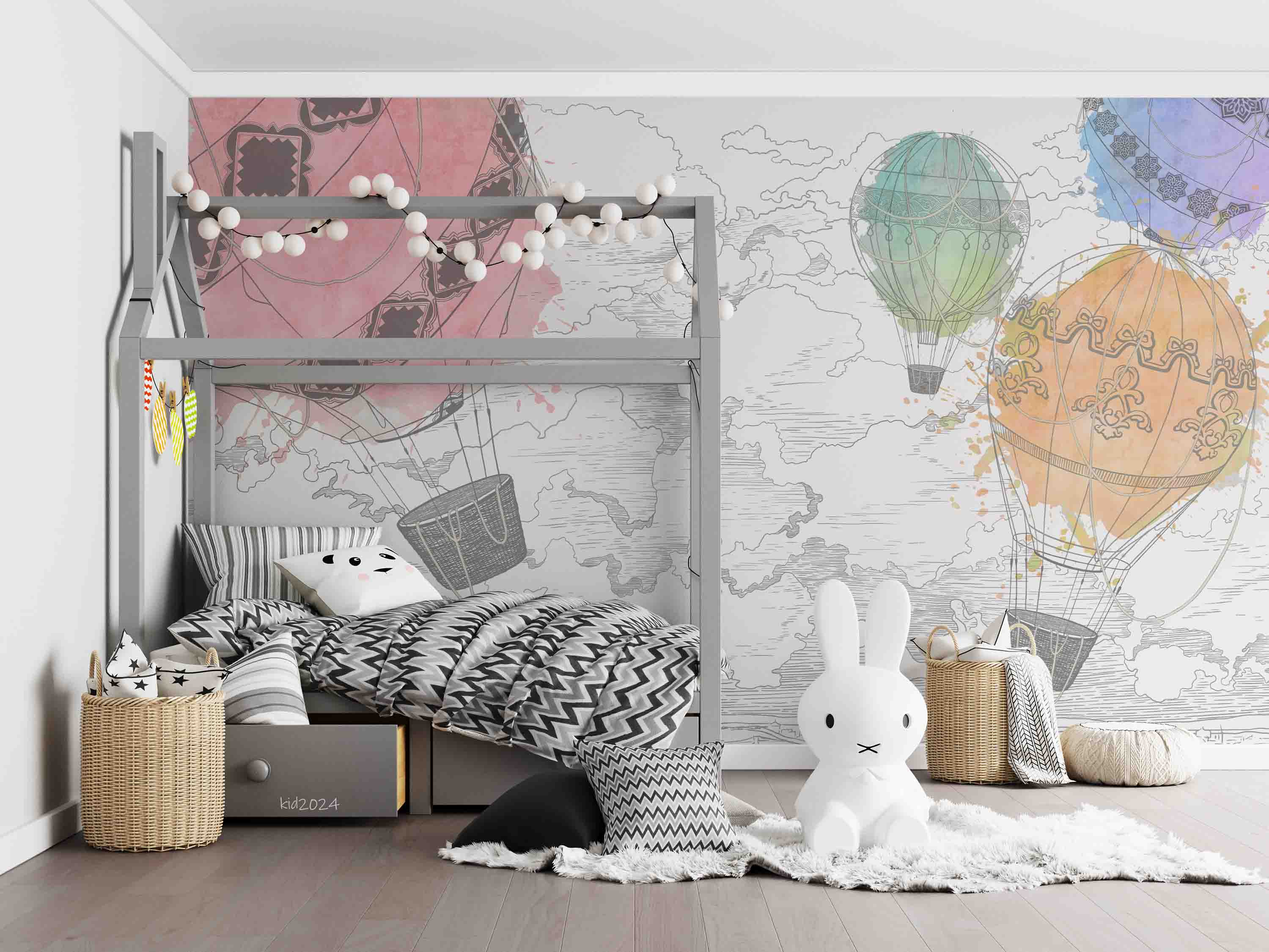 3D World Map Hydrogen Balloon Gray Wall Mural Wallpaper YXL 317