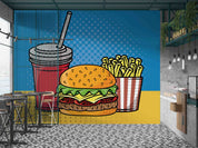 3D Hamburger Chips Drinks Blue Wall Mural Wallpaper YXL 278