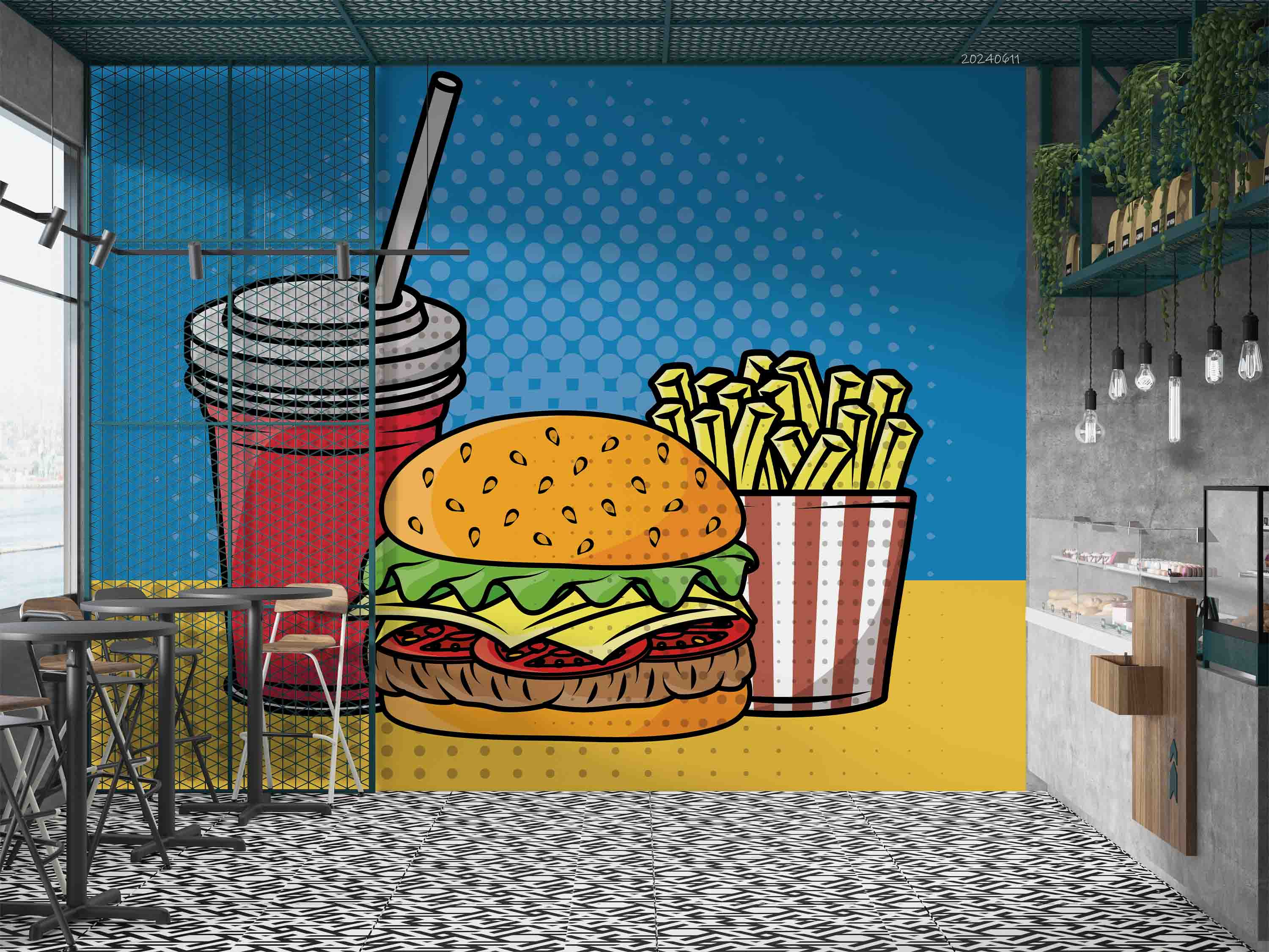 3D Hamburger Chips Drinks Blue Wall Mural Wallpaper YXL 278