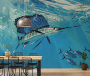 3D Blue Sea Fish underwater tuna fish scene wall mural wallpaper for kids room - view 2