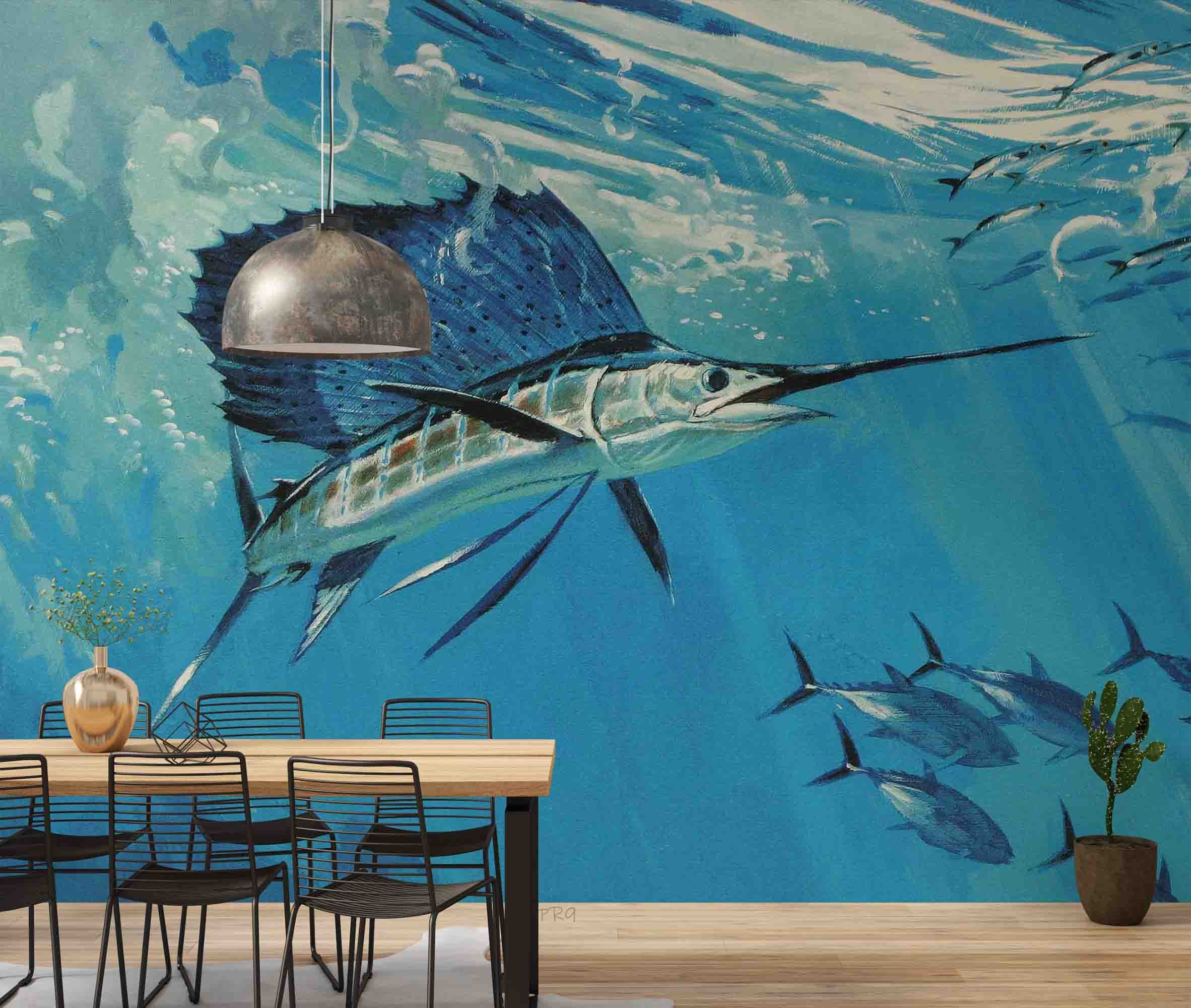 3D Blue Sea Fish underwater tuna fish scene wall mural wallpaper for kids room - view 2