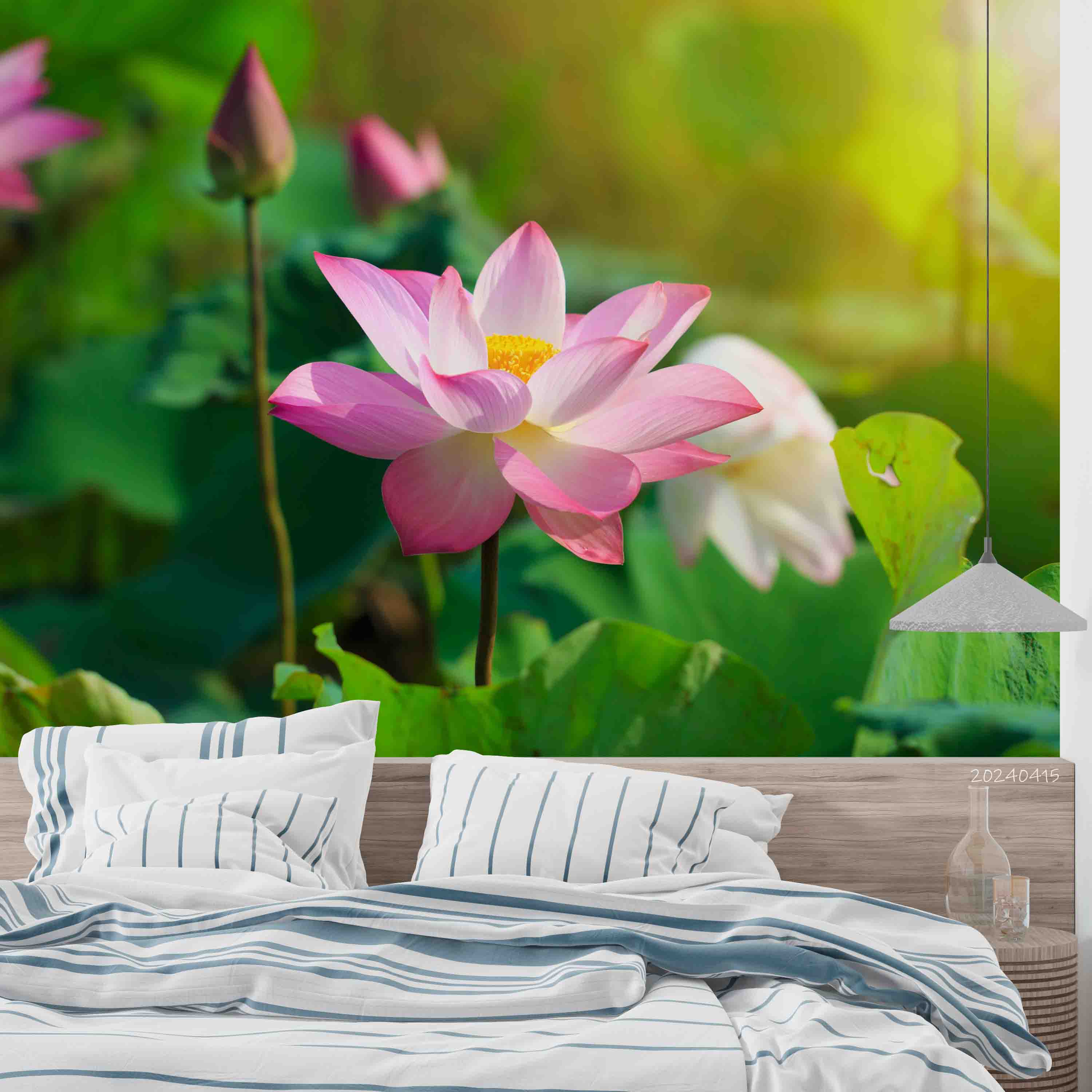 3D Pond Pink Lotus Leaf Wallpaper Wall Mural Wall Decor Wall Art Wall Sticker Remoable Wallpaper