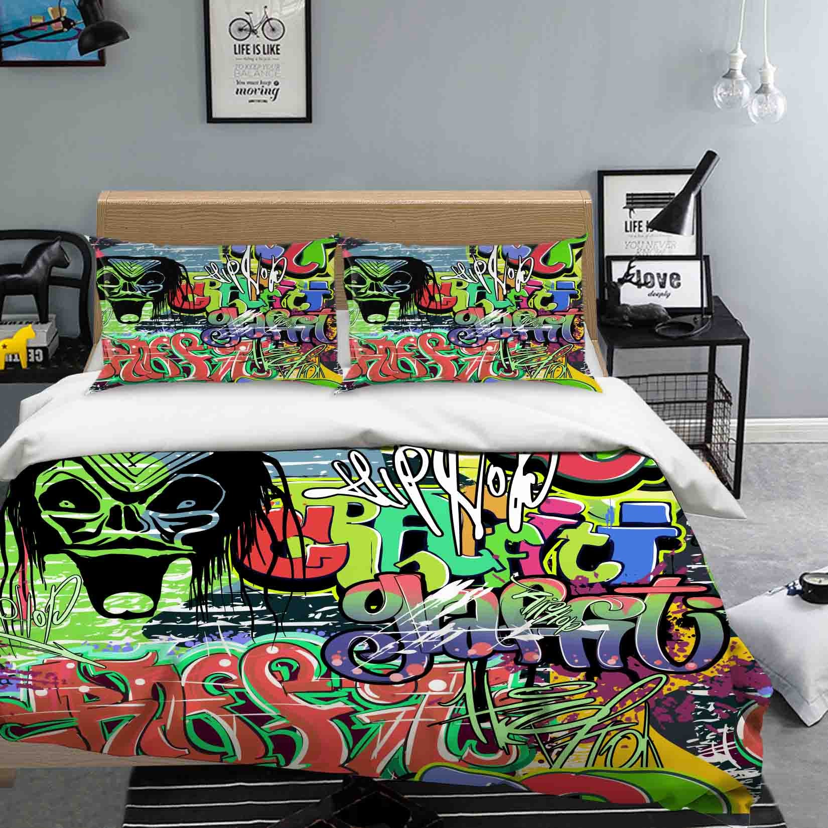 3D Street Graffiti Green Skull Quilt Cover Set Bedding Set Pillowcases 333- Jess Art Decoration