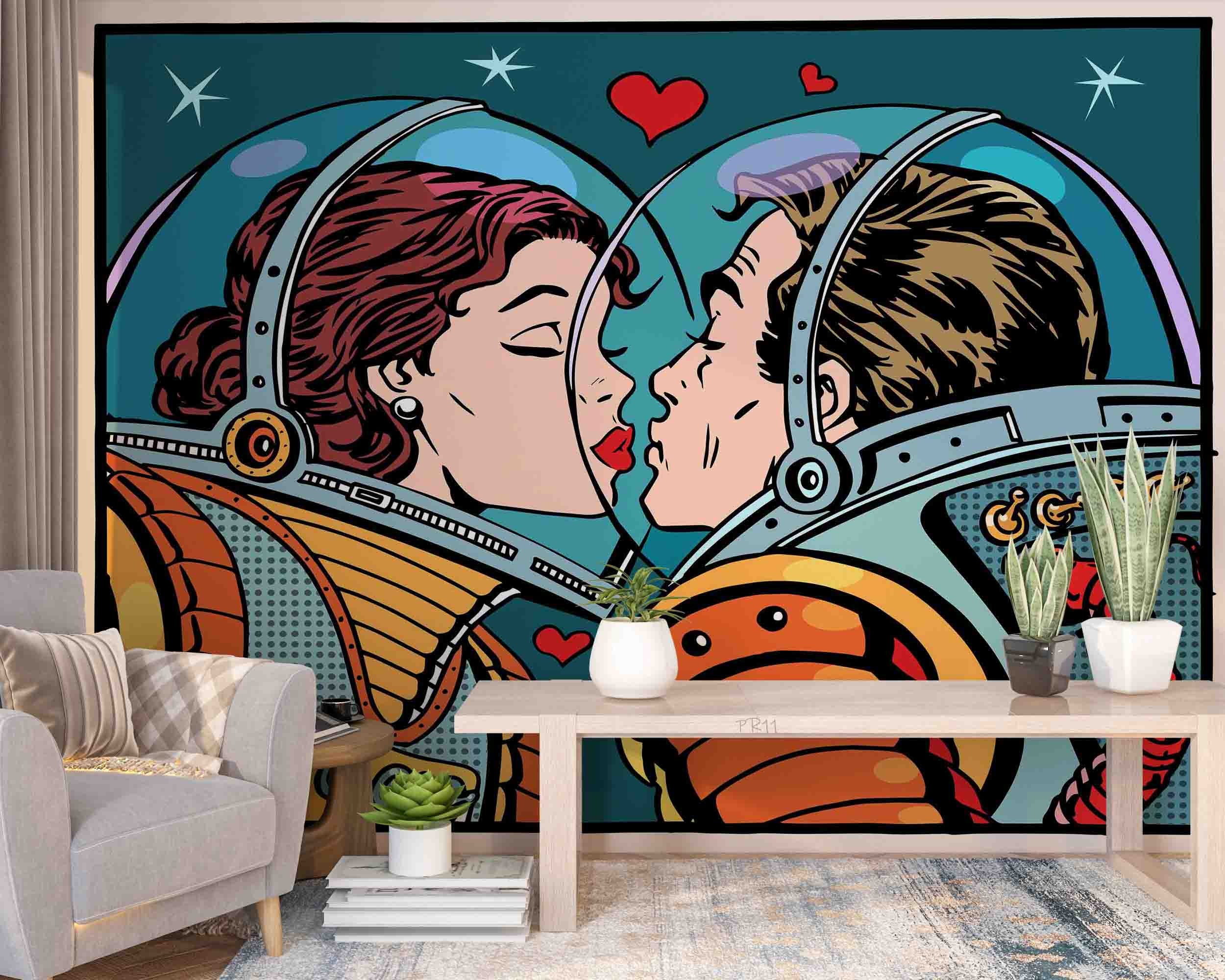 3D Astronaut Couple Kiss romantic astronaut pop art scene wall mural wallpaper for bedroom