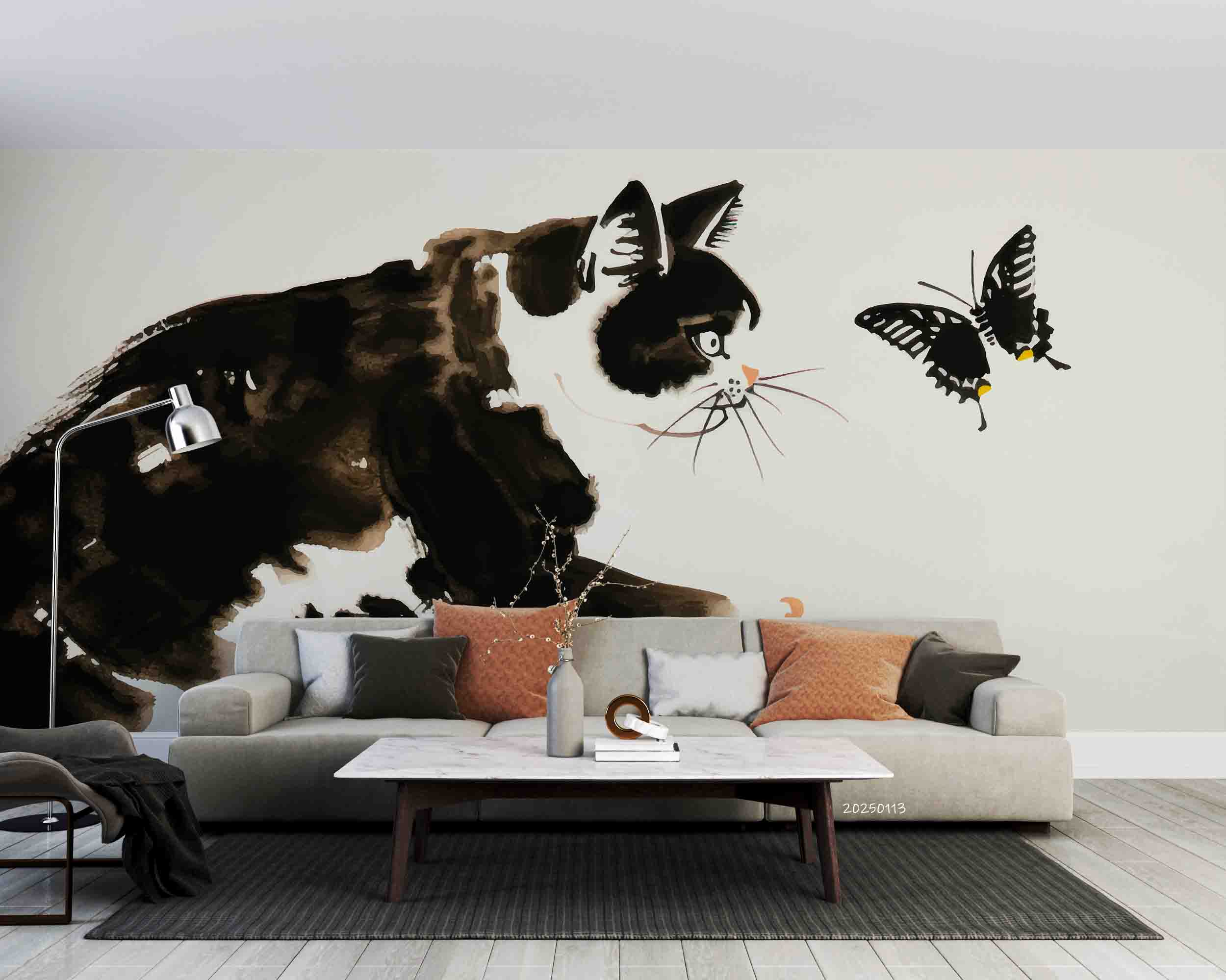 3D Black Animal Cat Butterfly Painting Wallpaper Wall Mural Wall Decor Wall Art Wall Sticker Remoable Wallpaper LQH 9