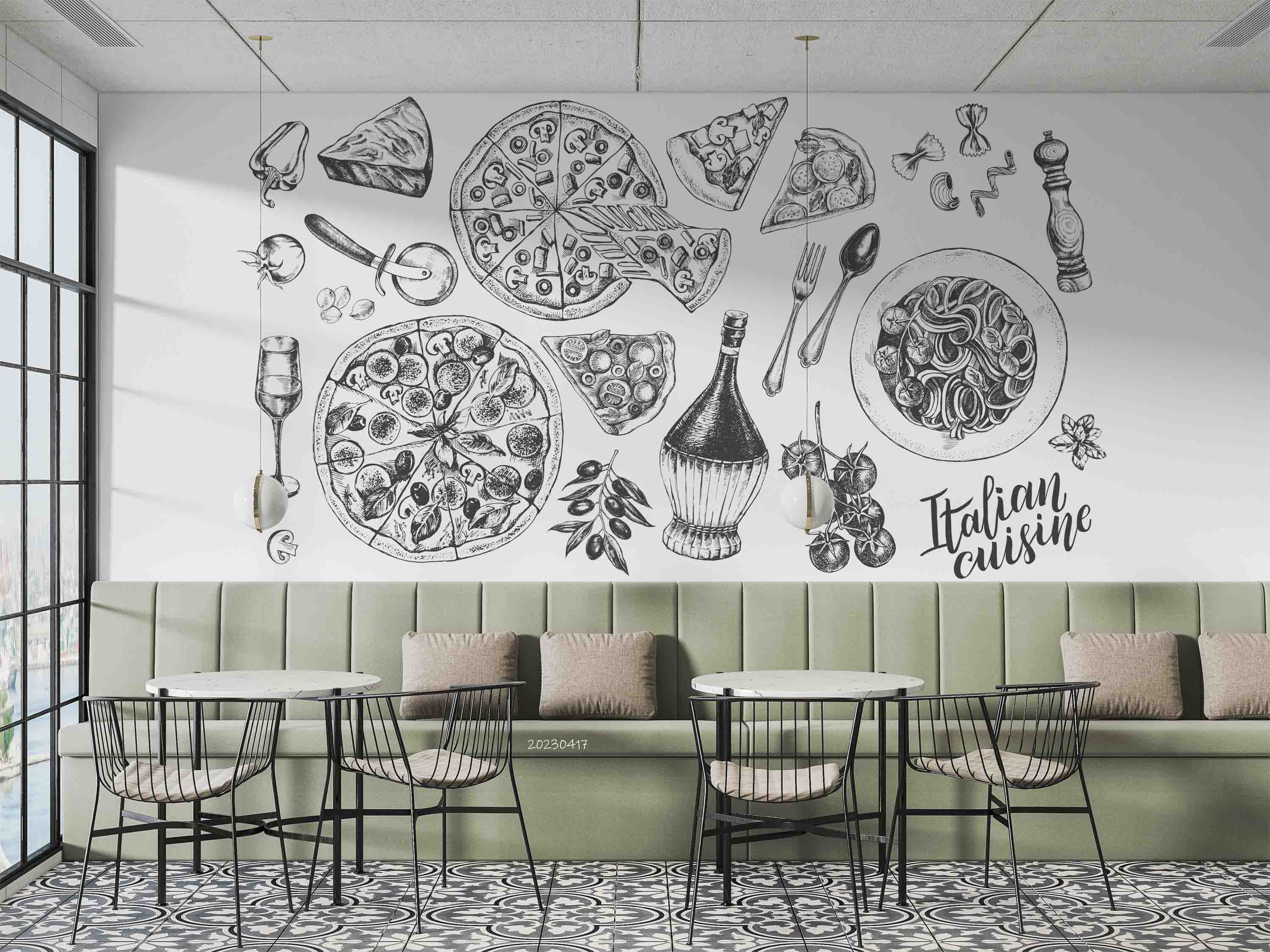 3D Pizza Chianti Mozzarella Pasta Parmesan Ink Wall Mural Wallpaper GD 5541- Jess Art Decoration