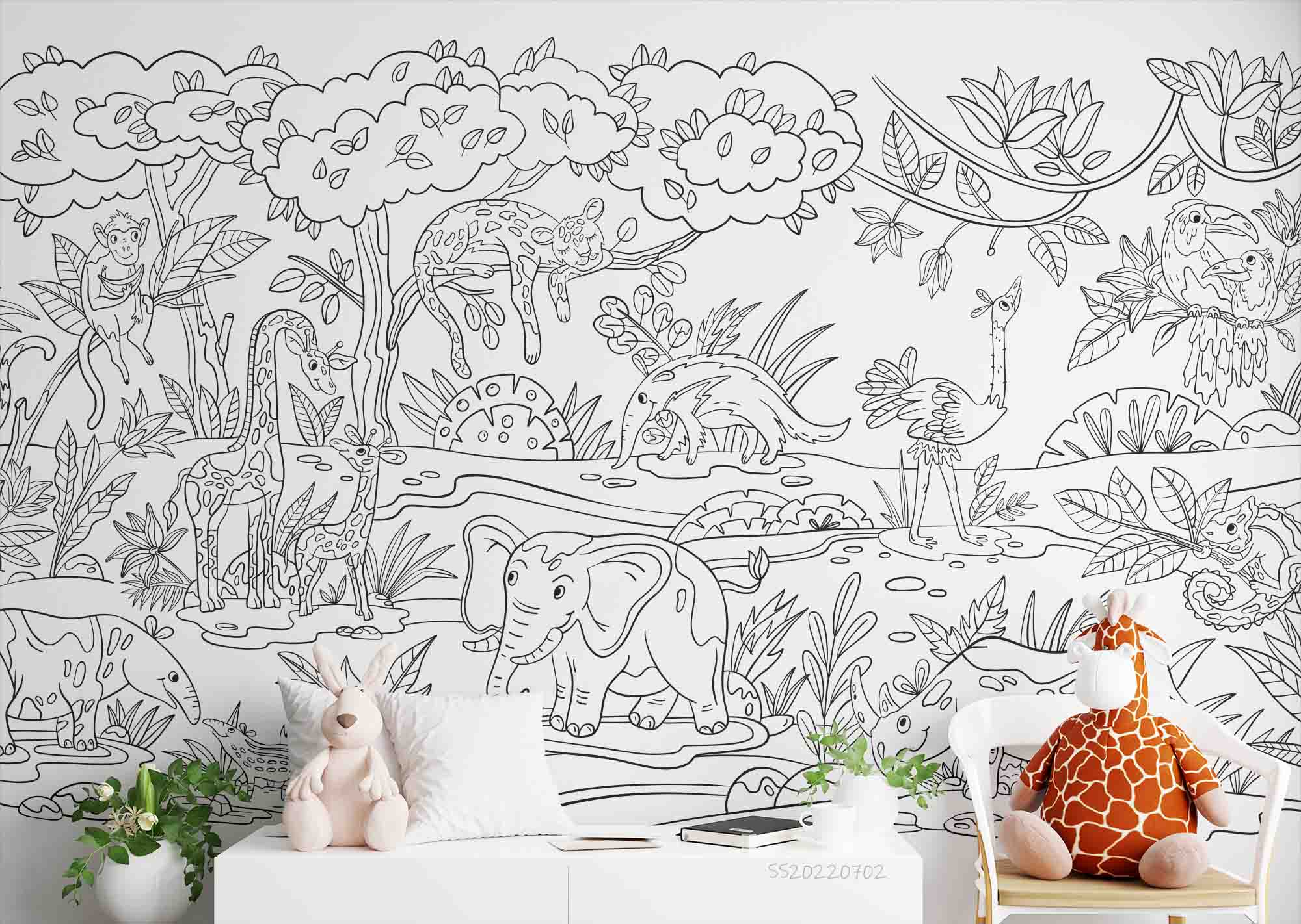 3D Cartoon Graffiti Tropical Animals Birds Trees Wall Mural Wallpaper GD 5104- Jess Art Decoration