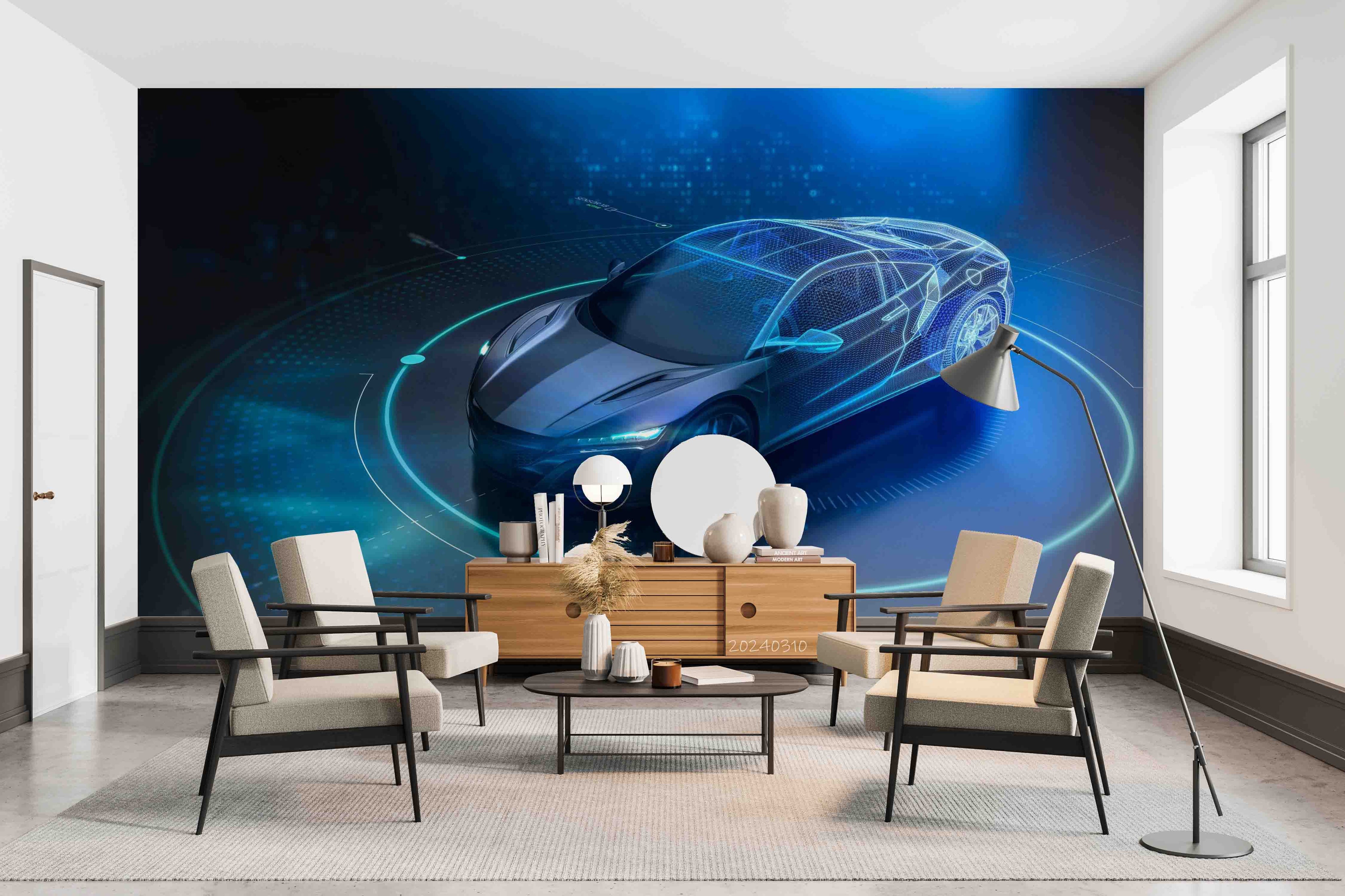 3D Blue Sports Car Wallpaper Wall Mural Wall Decor Wall Art Wall Sticker Remoable Wallpaper