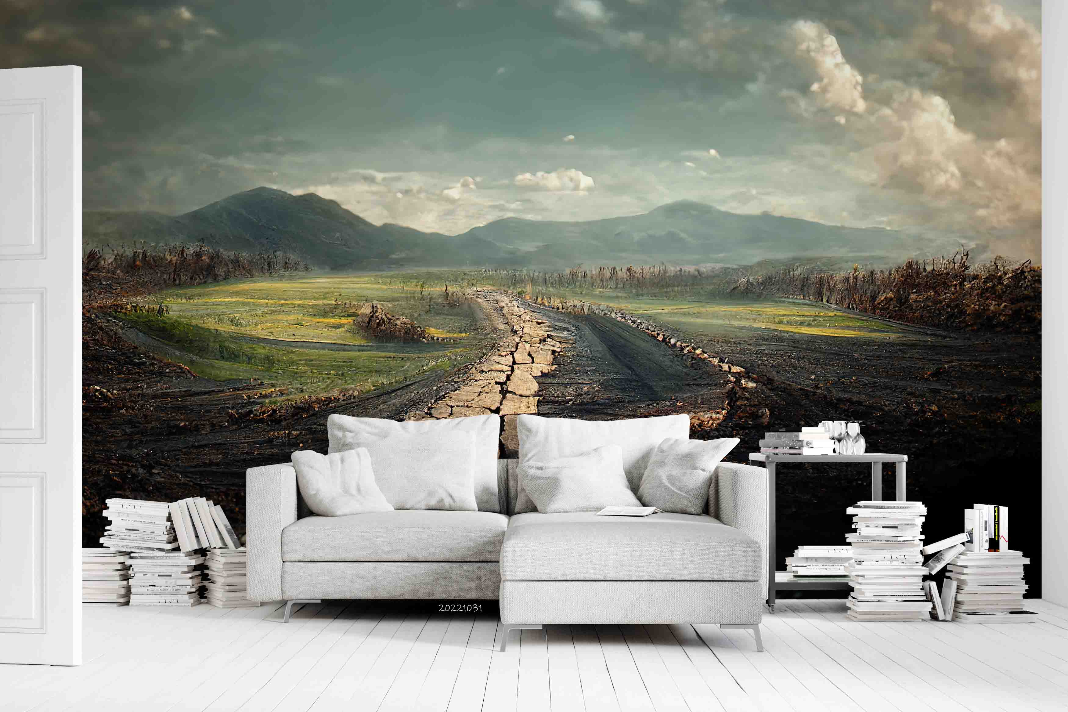3D Dilapidated Road Holes and Cracks Green Fields Mountains Horizon Wall Mural Wallpaper GD 3053- Jess Art Decoration