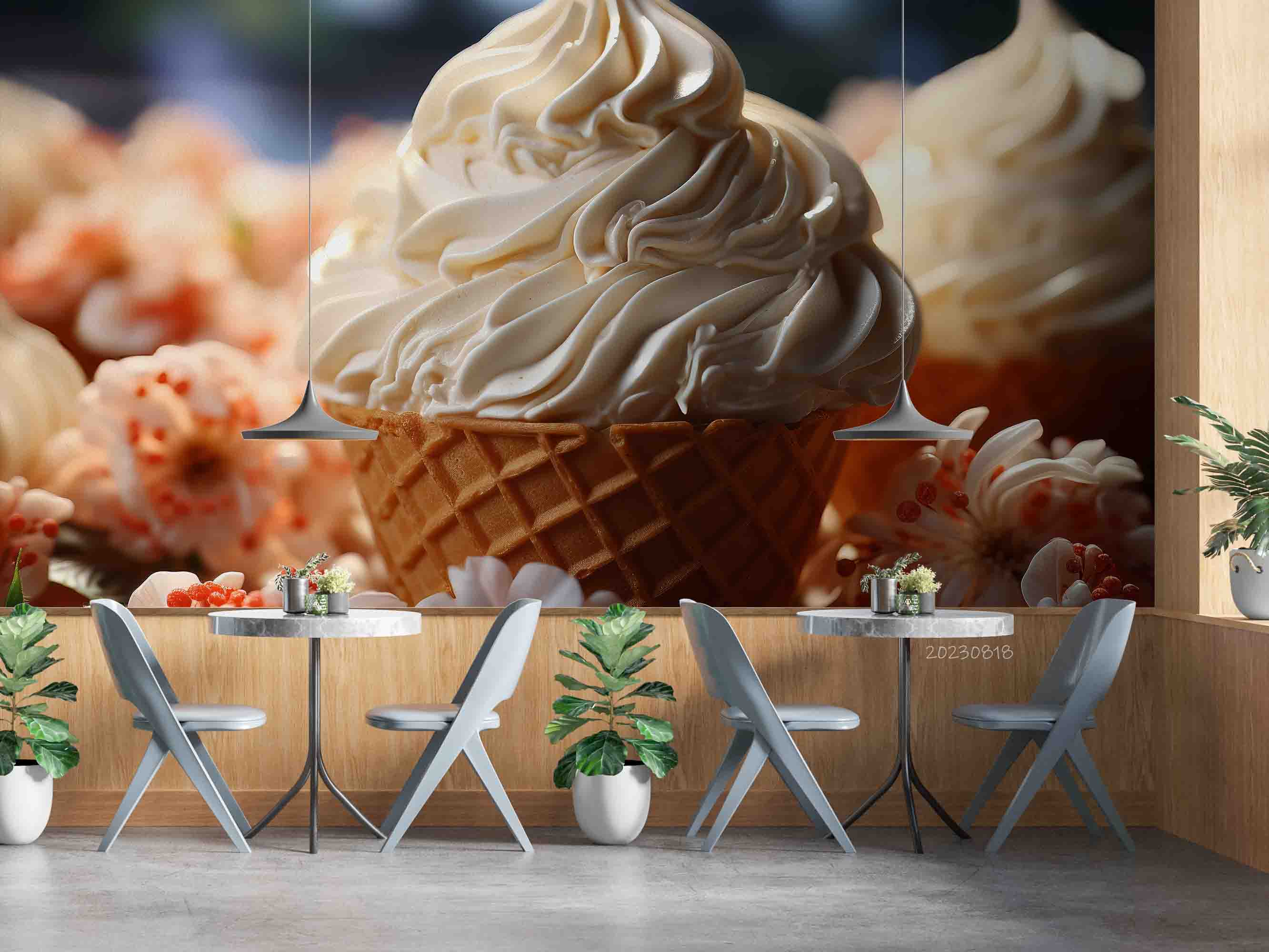 3D Ice Cream Cone Floral Wall Mural Wallpaper YXL 2281