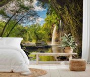 3D Mountain Falls Forest forest path waterfall view wall mural wallpaper for bedroom - view 2