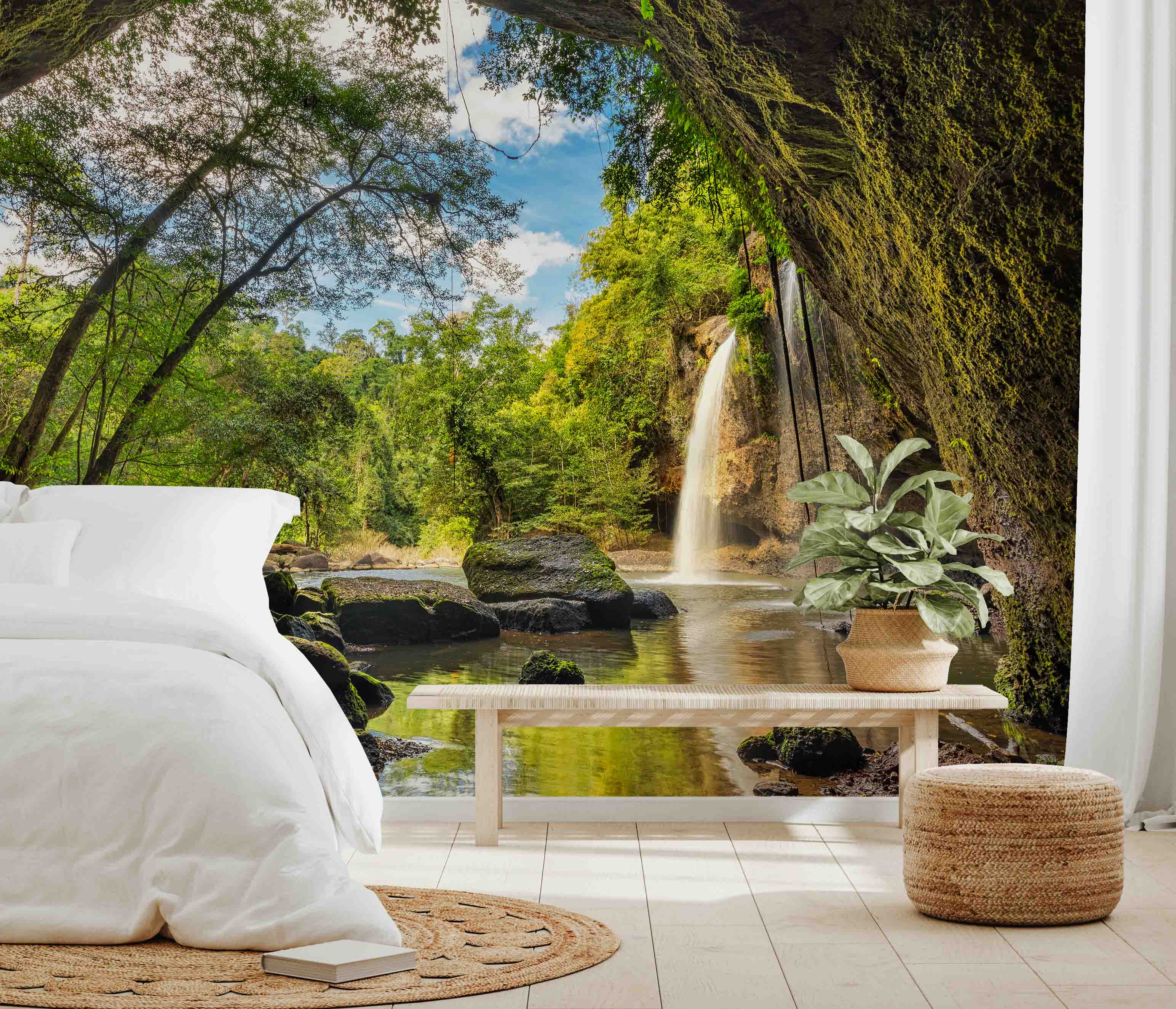 3D Mountain Falls Forest forest path waterfall view wall mural wallpaper for bedroom - view 2