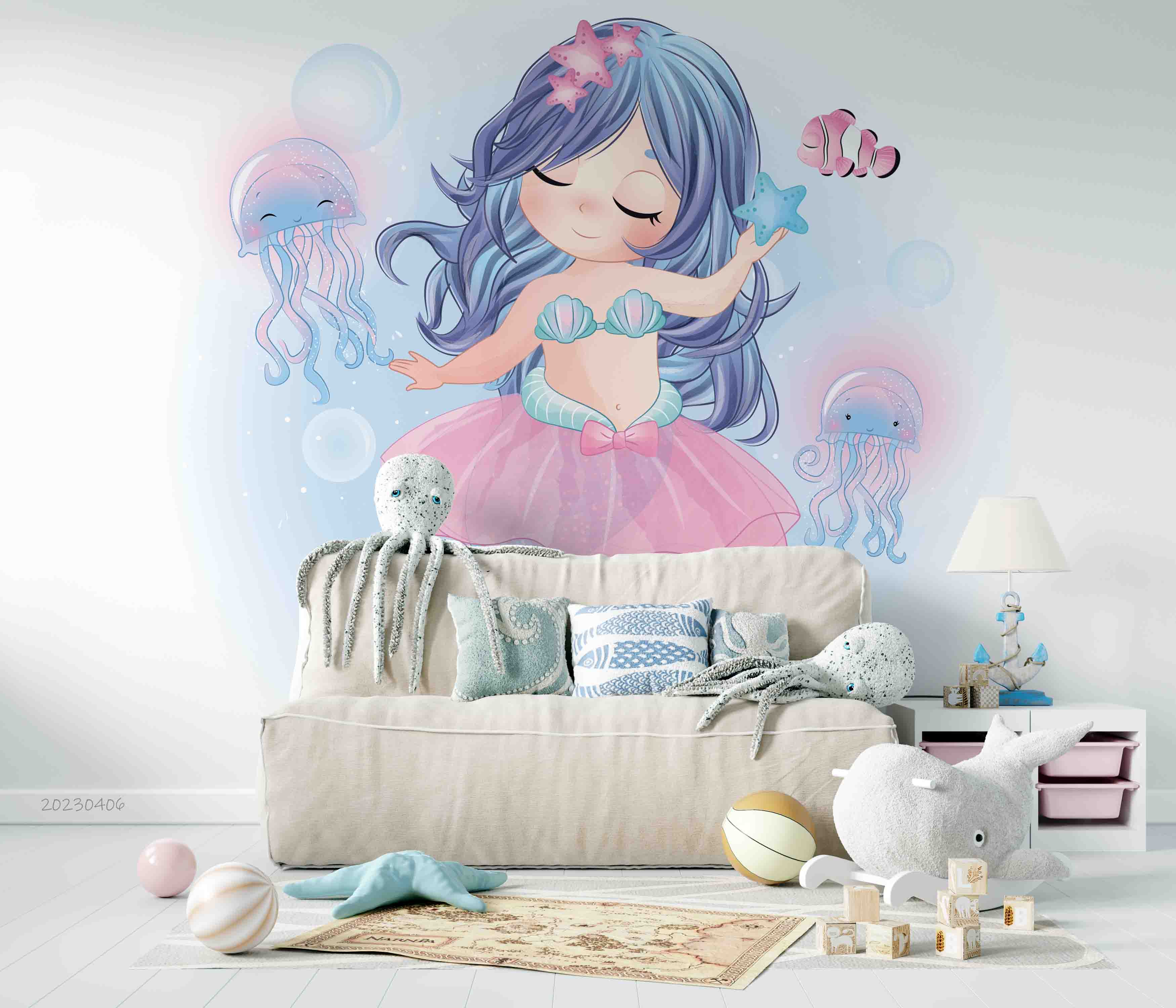 3D Cute Mermaid Jellyfish Kids Wall Mural Wallpaper GD 5613- Jess Art Decoration
