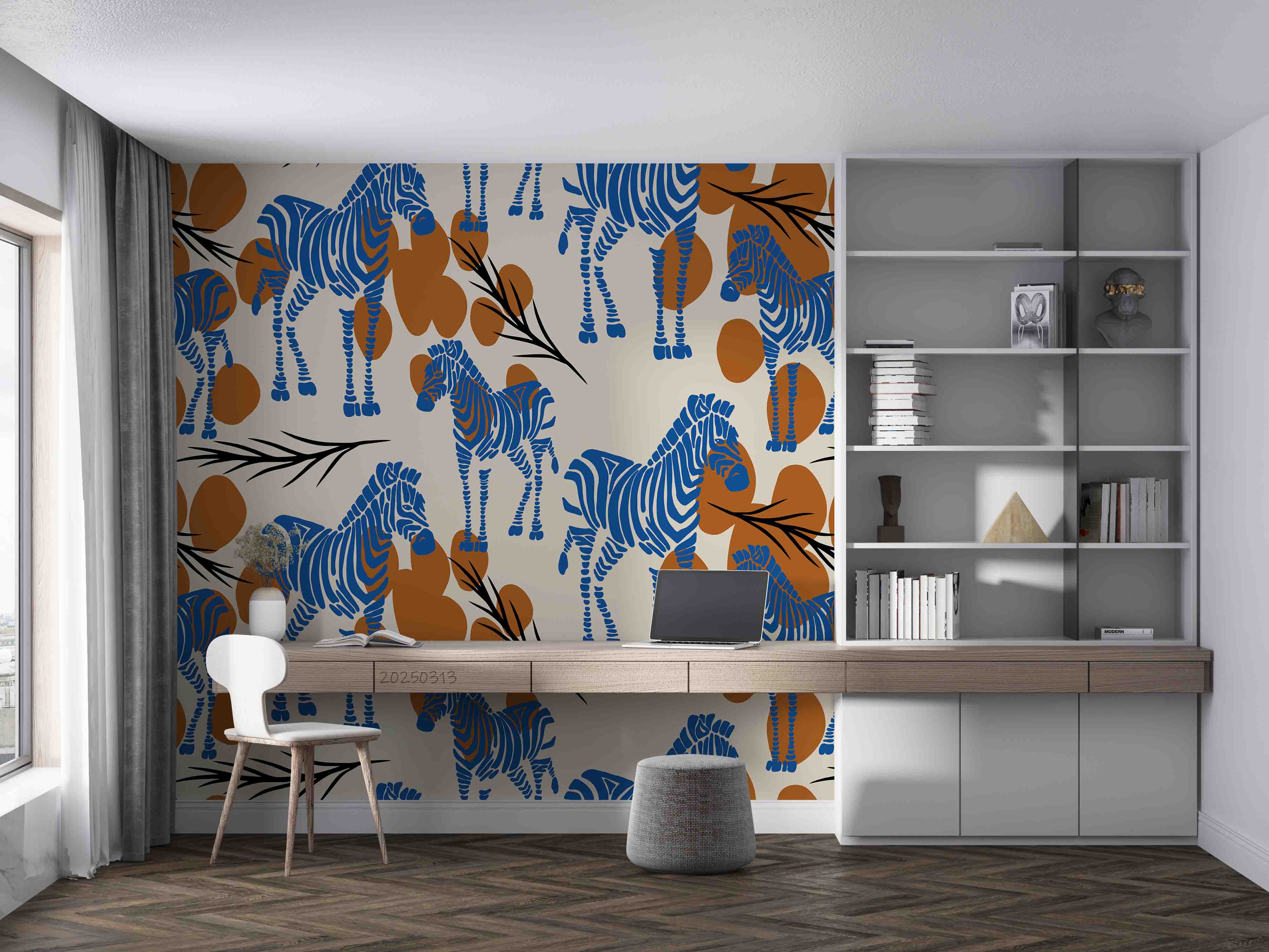 3D Abstract Brown Artistic Leaf Blue Zebra Wallpaper Wall Mural Wall Decor Wall Art Wall Sticker Remoable Wallpaper LQH 47
