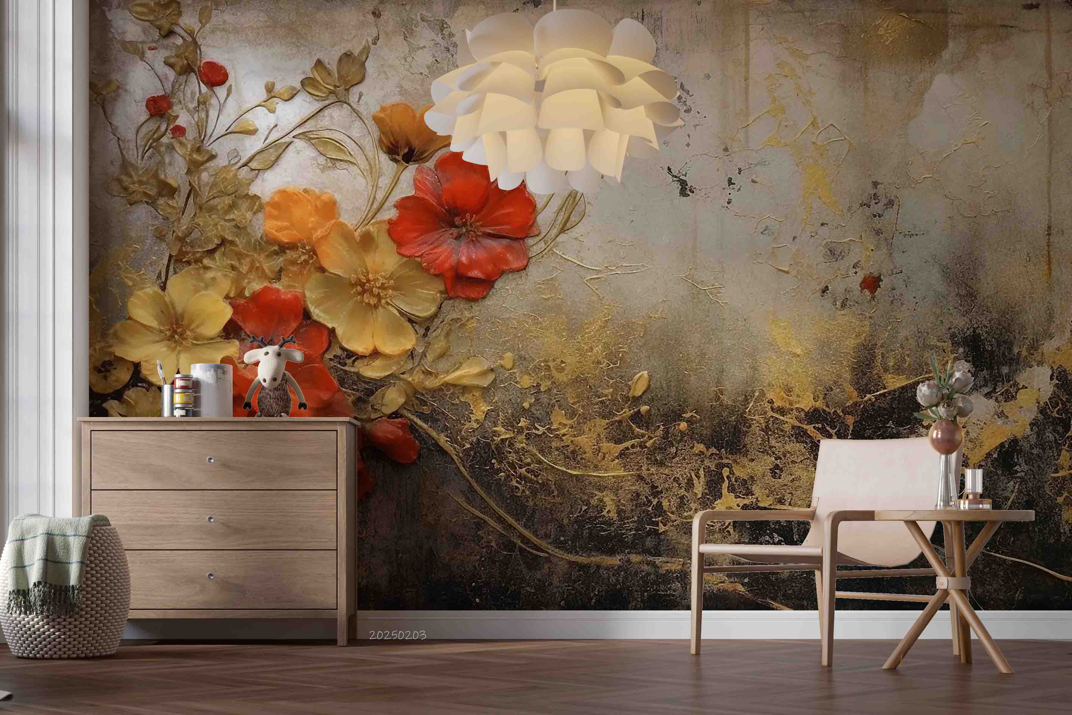 3D Red Gold Floral Oil Painting Wallpaper Wall Mural Wall Decor Wall Art Wall Sticker Remoable Wallpaper LQH