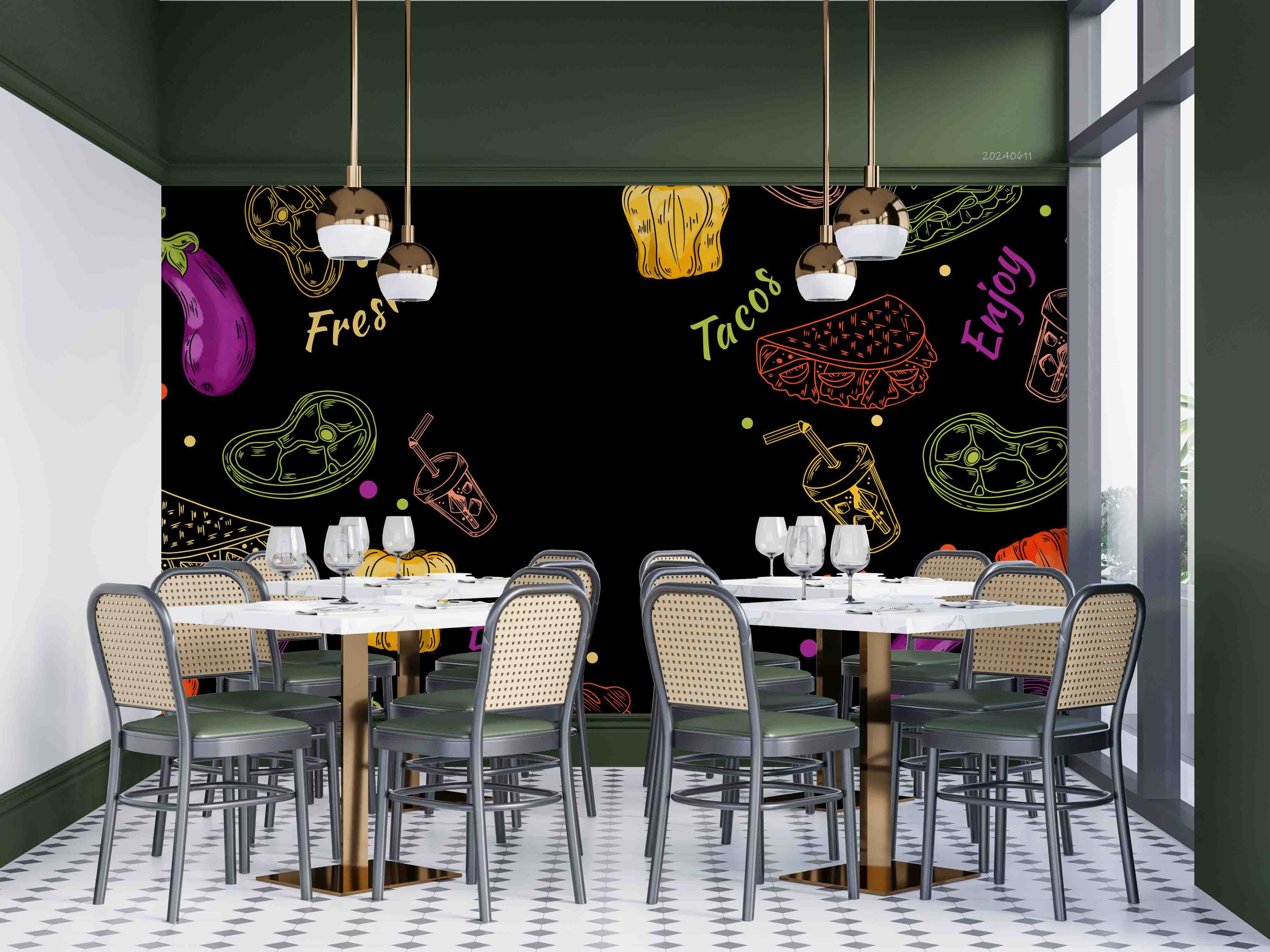 3D Hamburger Pizza Chips Black Green Pepper Wall Mural Wallpaper YXL 302