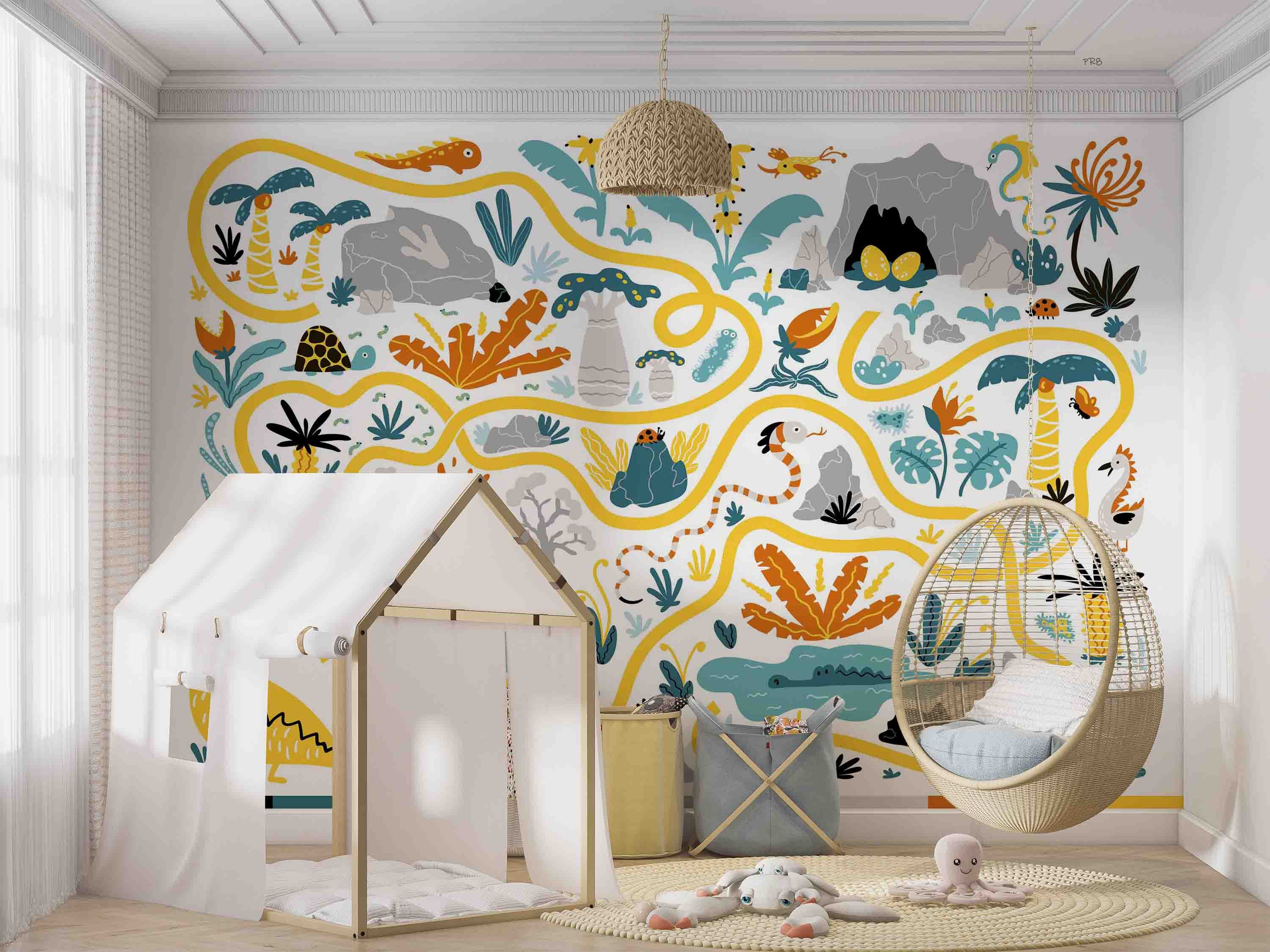 3D Cartoon Tropical Plant Volcano Dinosaur Maze Wall Mural Wallpaper GD 4573- Jess Art Decoration