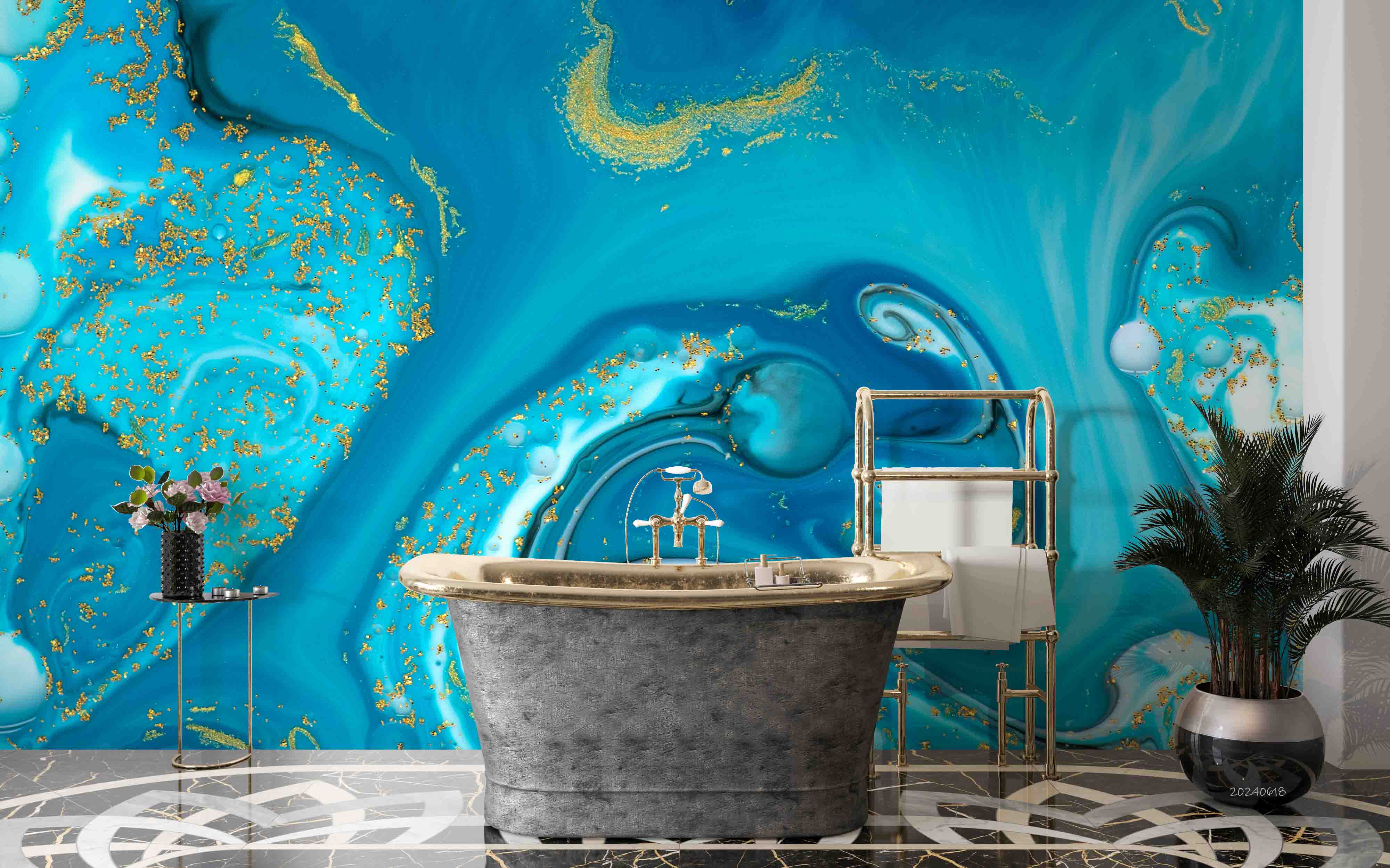 3D Abstract Damaskeen Blue Wave Wall Mural Wallpaper YXL 570