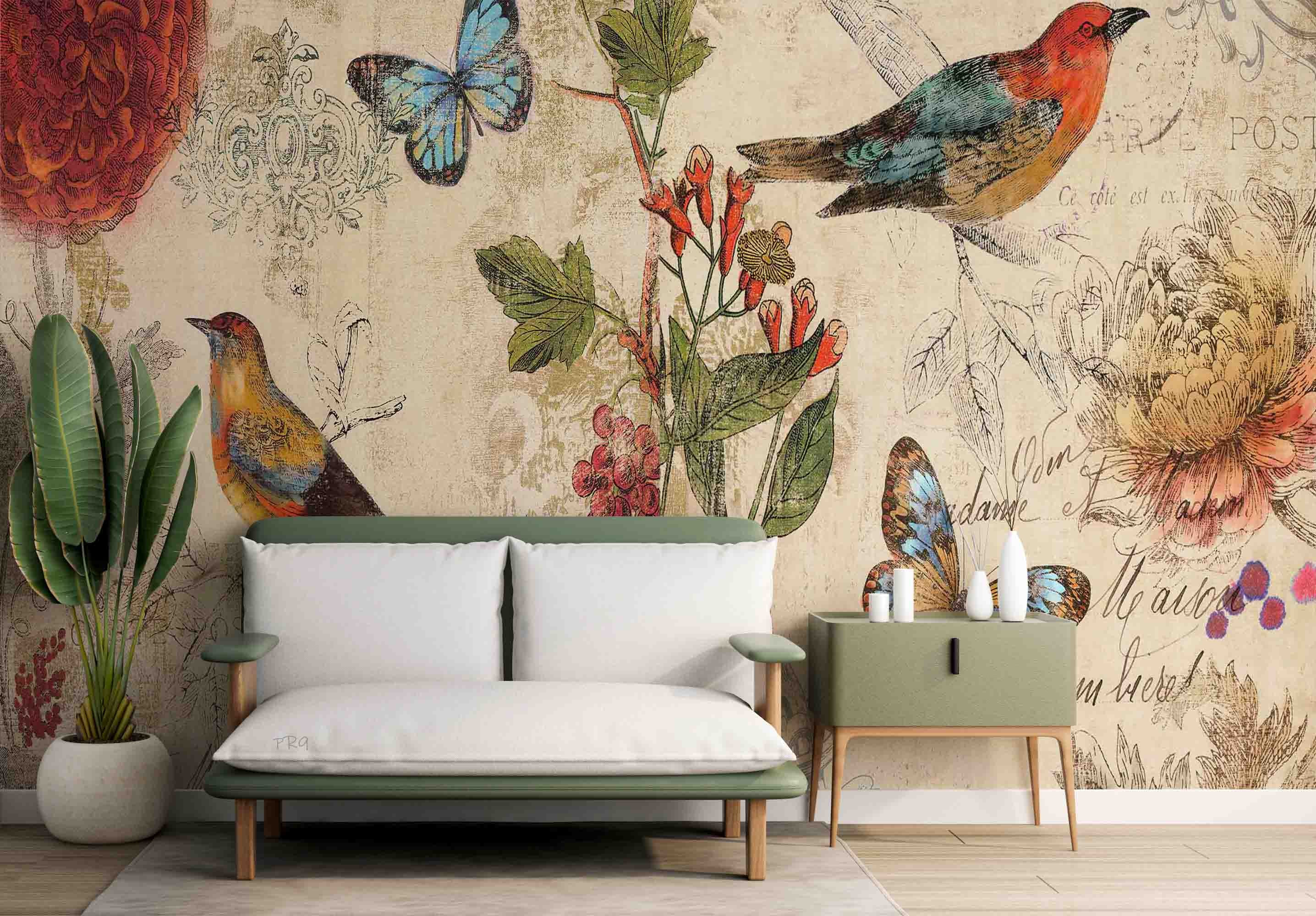 3D Vintage Plant Floral Bird Butterfly Wall Mural Wallpaper GD 4625- Jess Art Decoration
