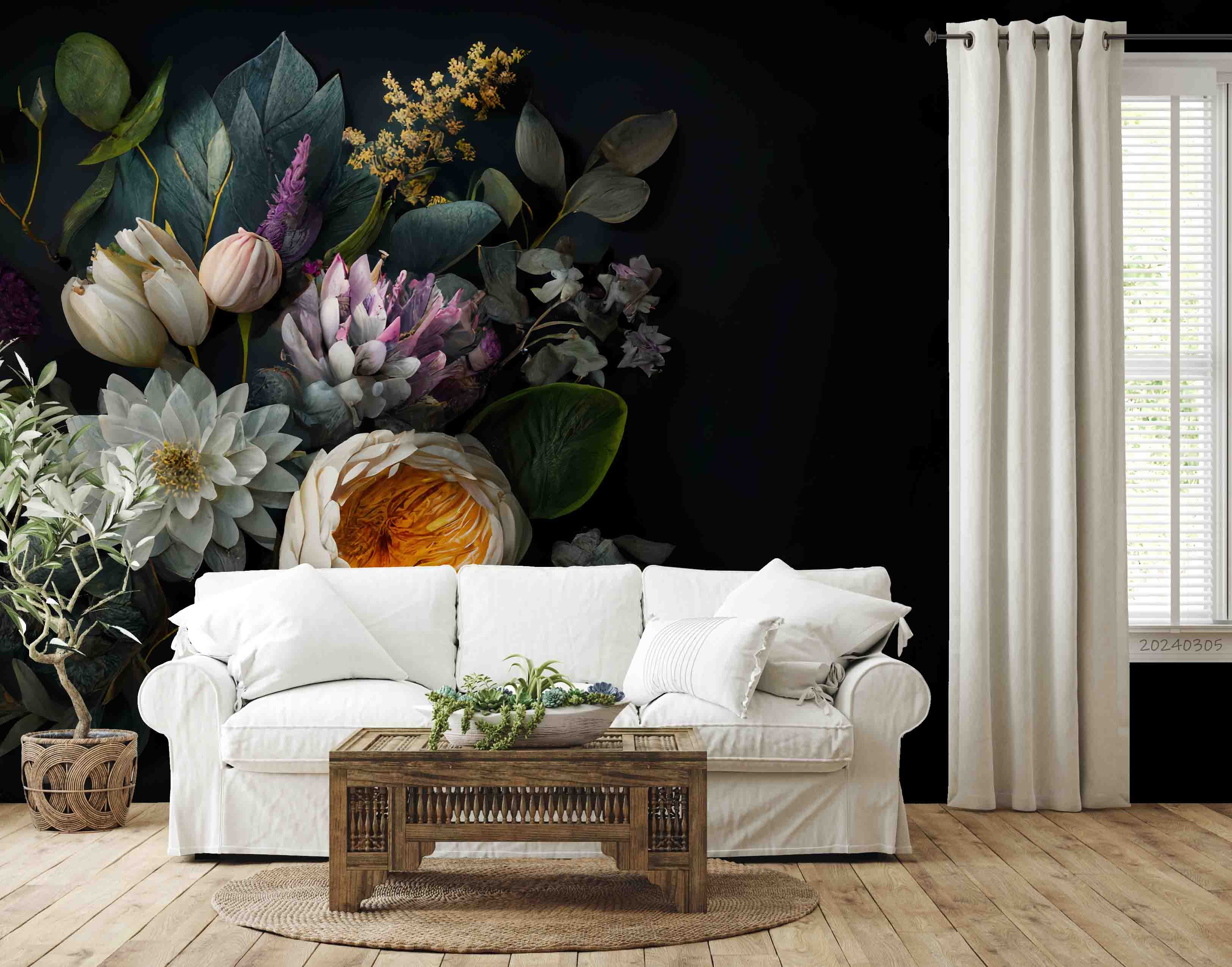 3D Floral Bouquet Dark Background Wallpaper Wall Mural Wall Decor Wall Art Wall Sticker Remoable Wallpaper