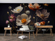 3D Hand Drawn White Floral Dark Background Wallpaper Wall Mural Wall Decor Wall Art Wall Sticker Remoable Wallpaper