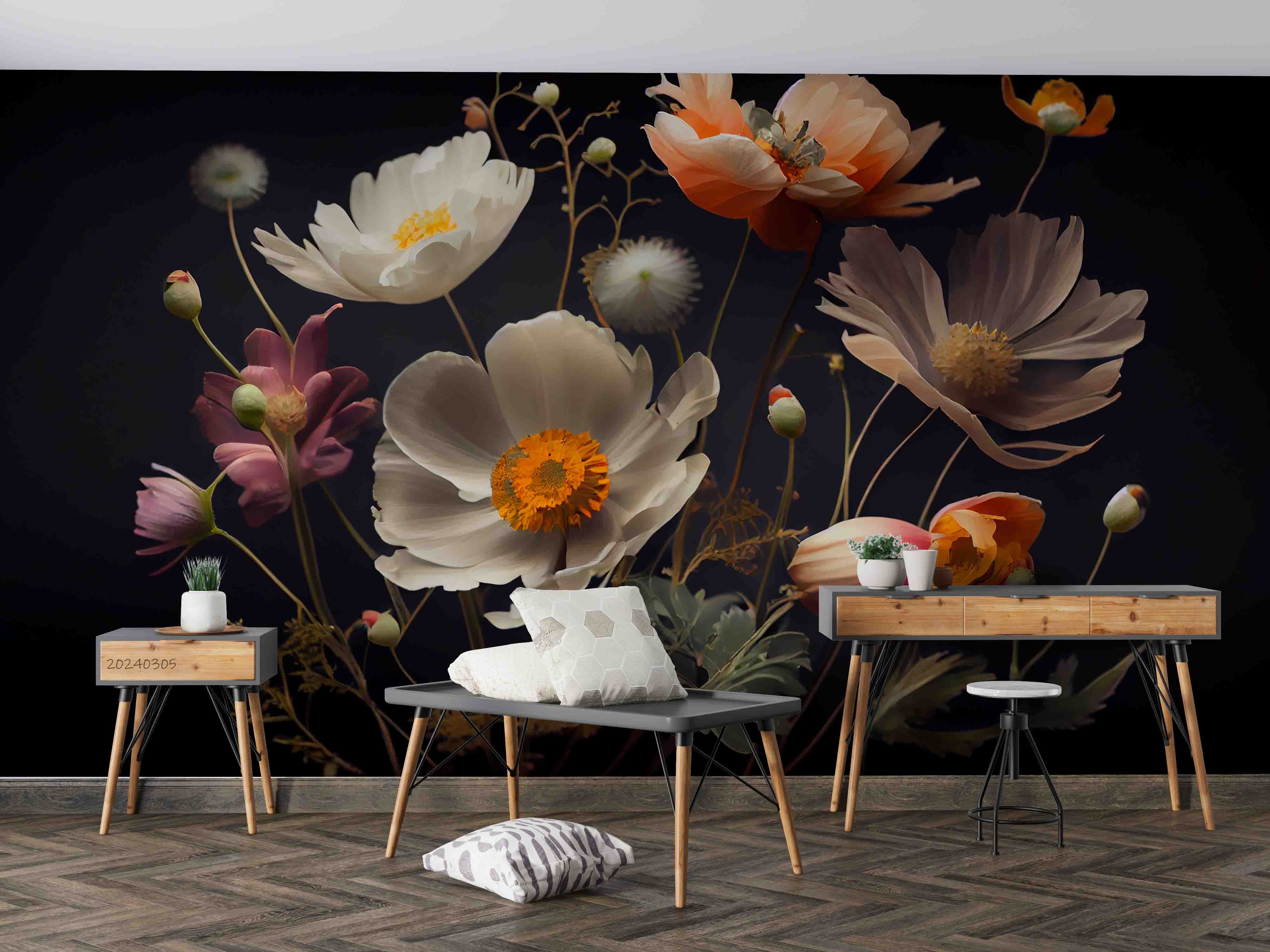3D Hand Drawn White Floral Dark Background Wallpaper Wall Mural Wall Decor Wall Art Wall Sticker Remoable Wallpaper