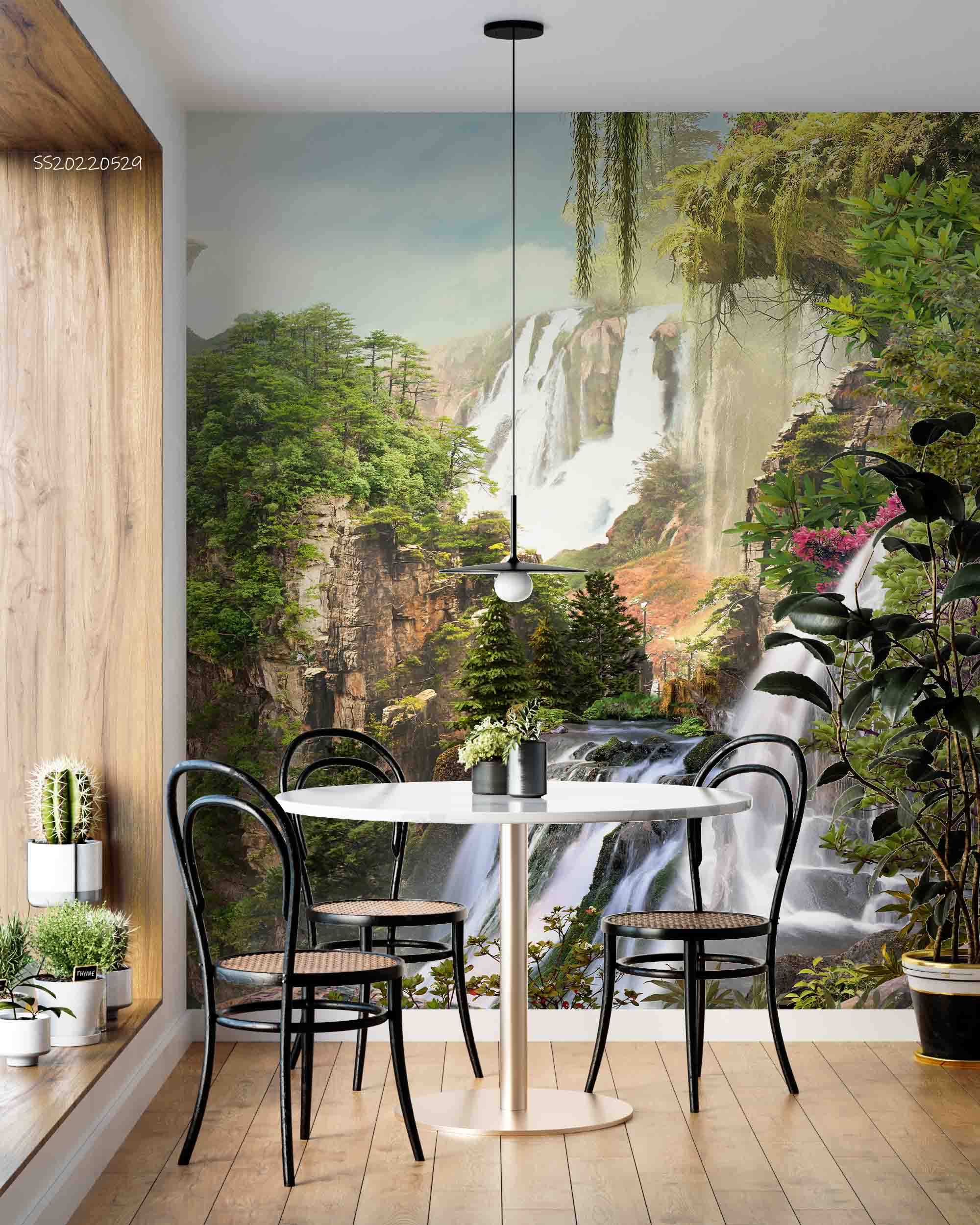 3D Mountain Waterfall Green Forest Trees Floral Landscape Wall Mural Wallpaper GD 4301- Jess Art Decoration