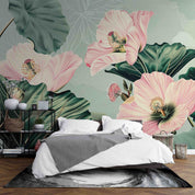 3D Hand Drawn Pink Floral Green Leaves Wallpaper Wall Mural Wall Decor Wall Art Wall Sticker Remoable Wallpaper 24