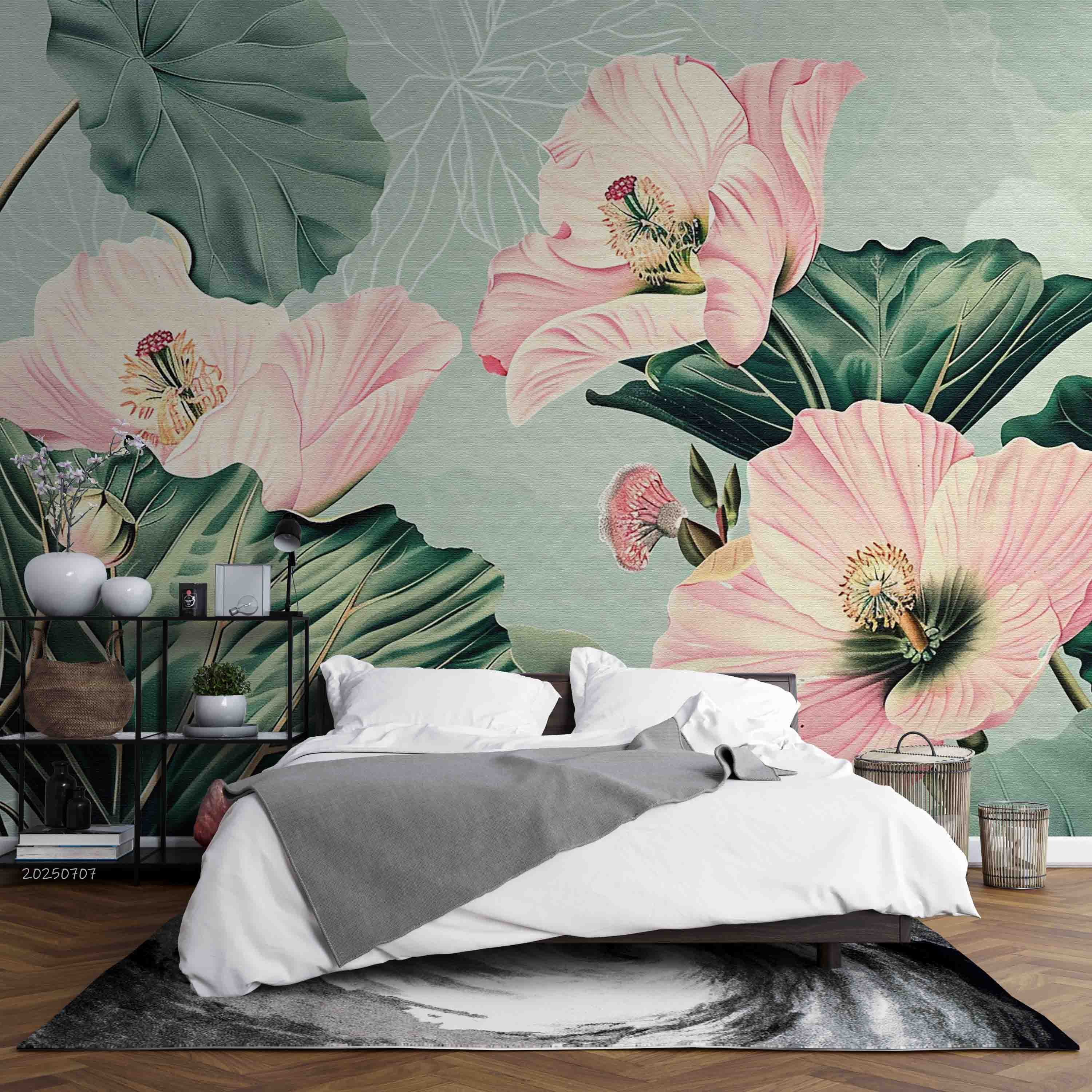 3D Hand Drawn Pink Floral Green Leaves Wallpaper Wall Mural Wall Decor Wall Art Wall Sticker Remoable Wallpaper 24