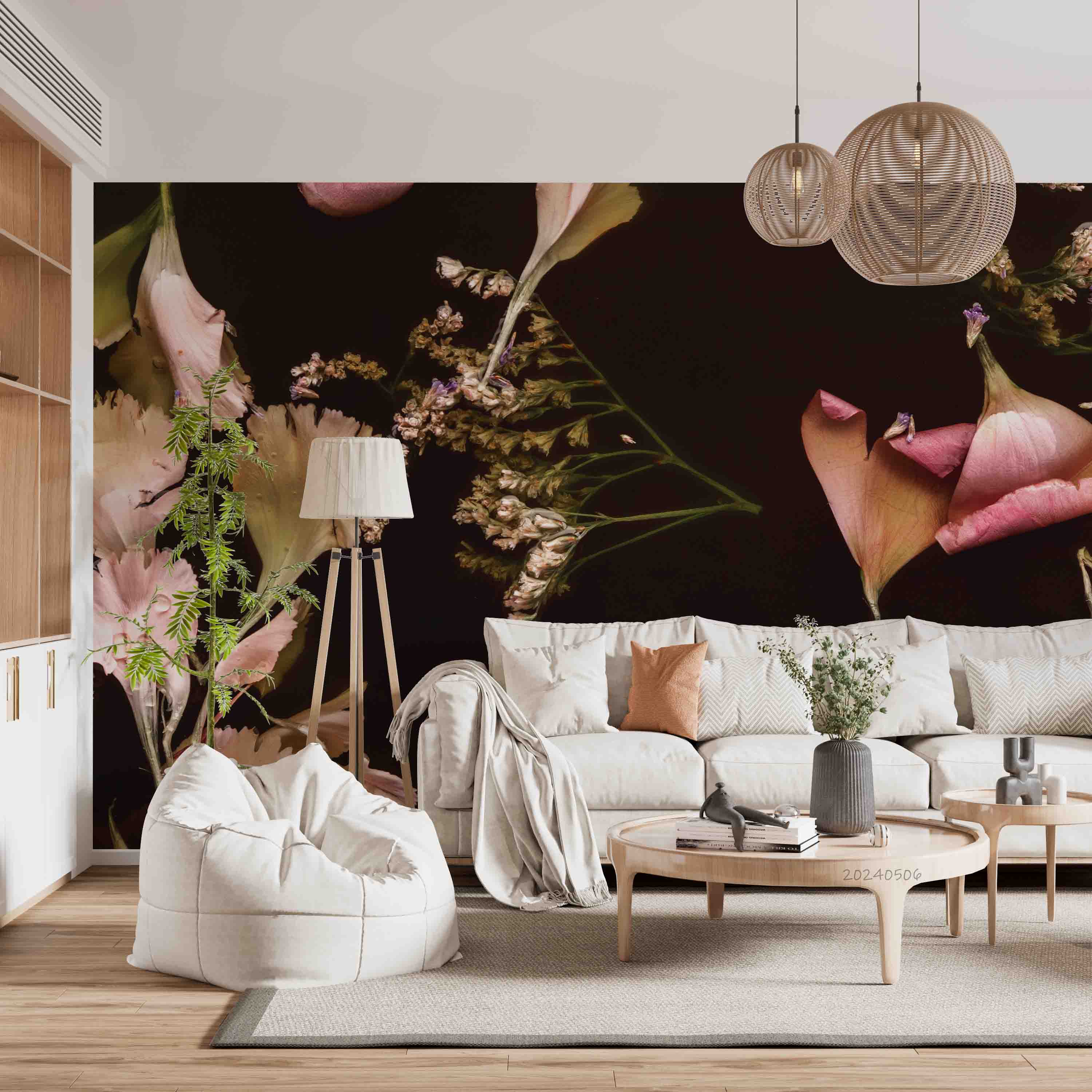 3D Pink Floral Petals Black Background Wallpaper Wall Mural Wall Decor Wall Art Wall Sticker Remoable Wallpaper