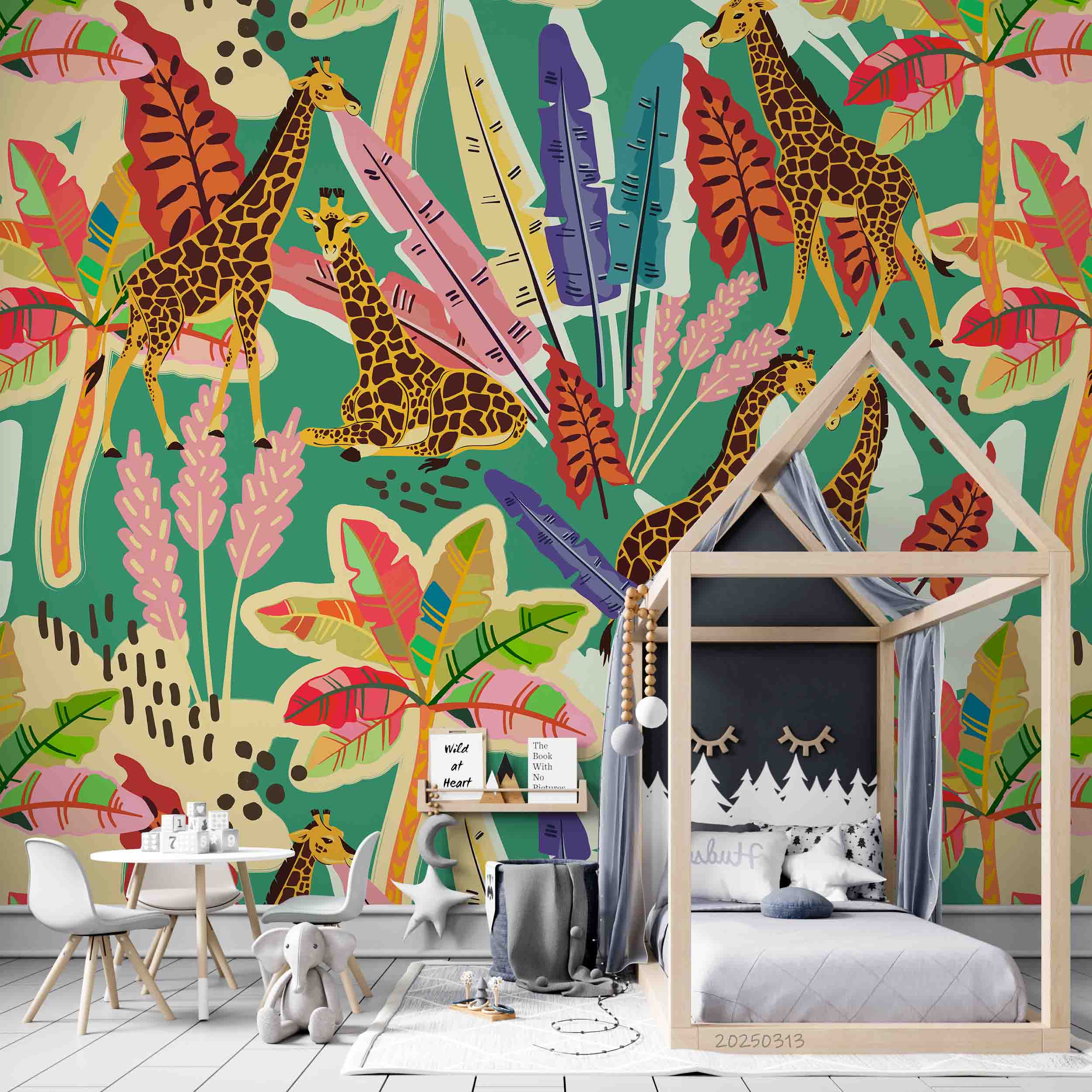 3D Tropical Colorful Leaf Animal Giraffe Wallpaper Wall Mural Wall Decor Wall Art Wall Sticker Remoable Wallpaper LQH 54