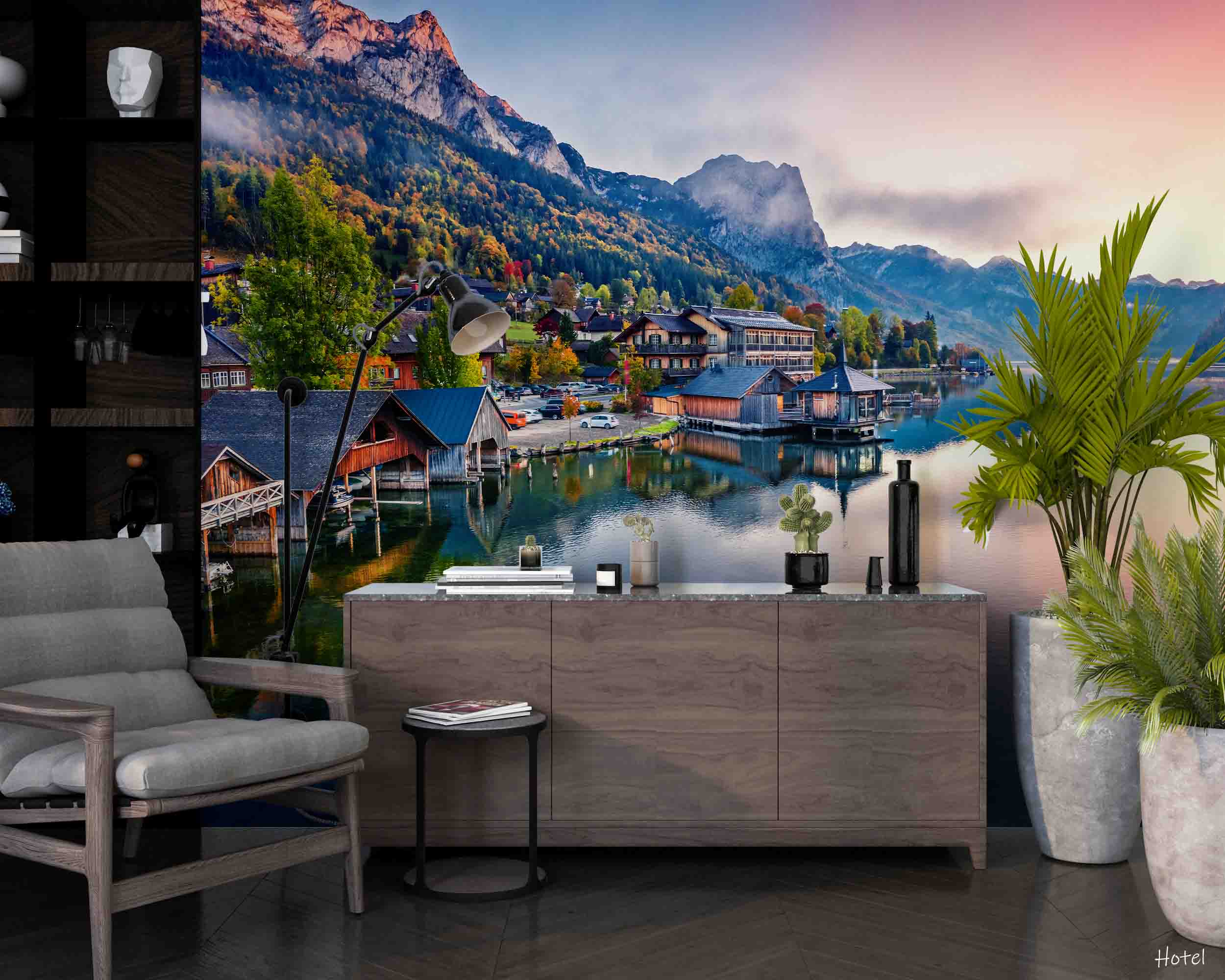 3D Hotel Inn Motel Hostel Resort Manor Scenery Mountains River Wall Mural Wallpaper 25